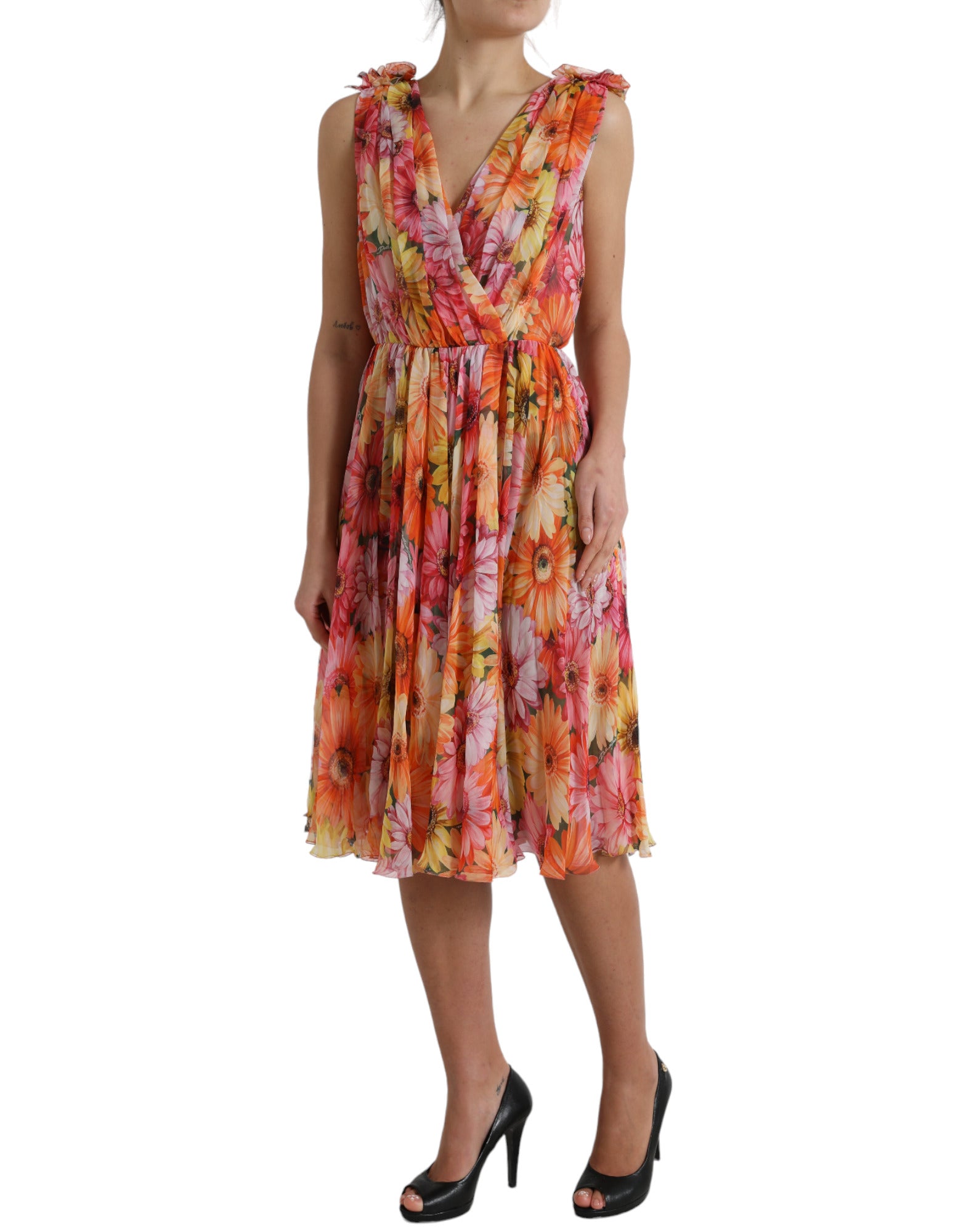Multicolor zijden midi-jurk met zonnebloemprint