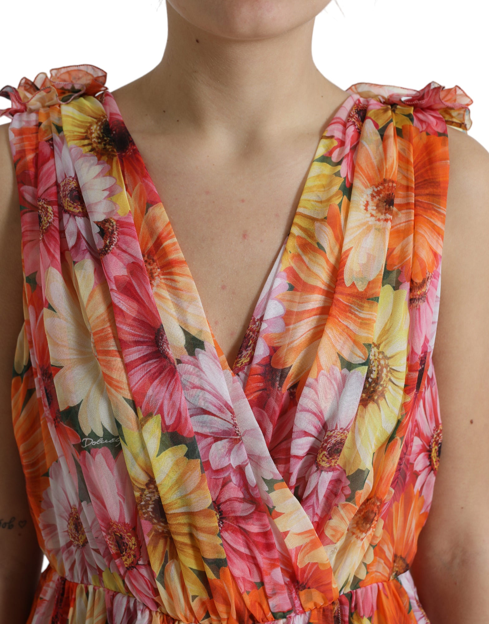 Multicolor zijden midi-jurk met zonnebloemprint