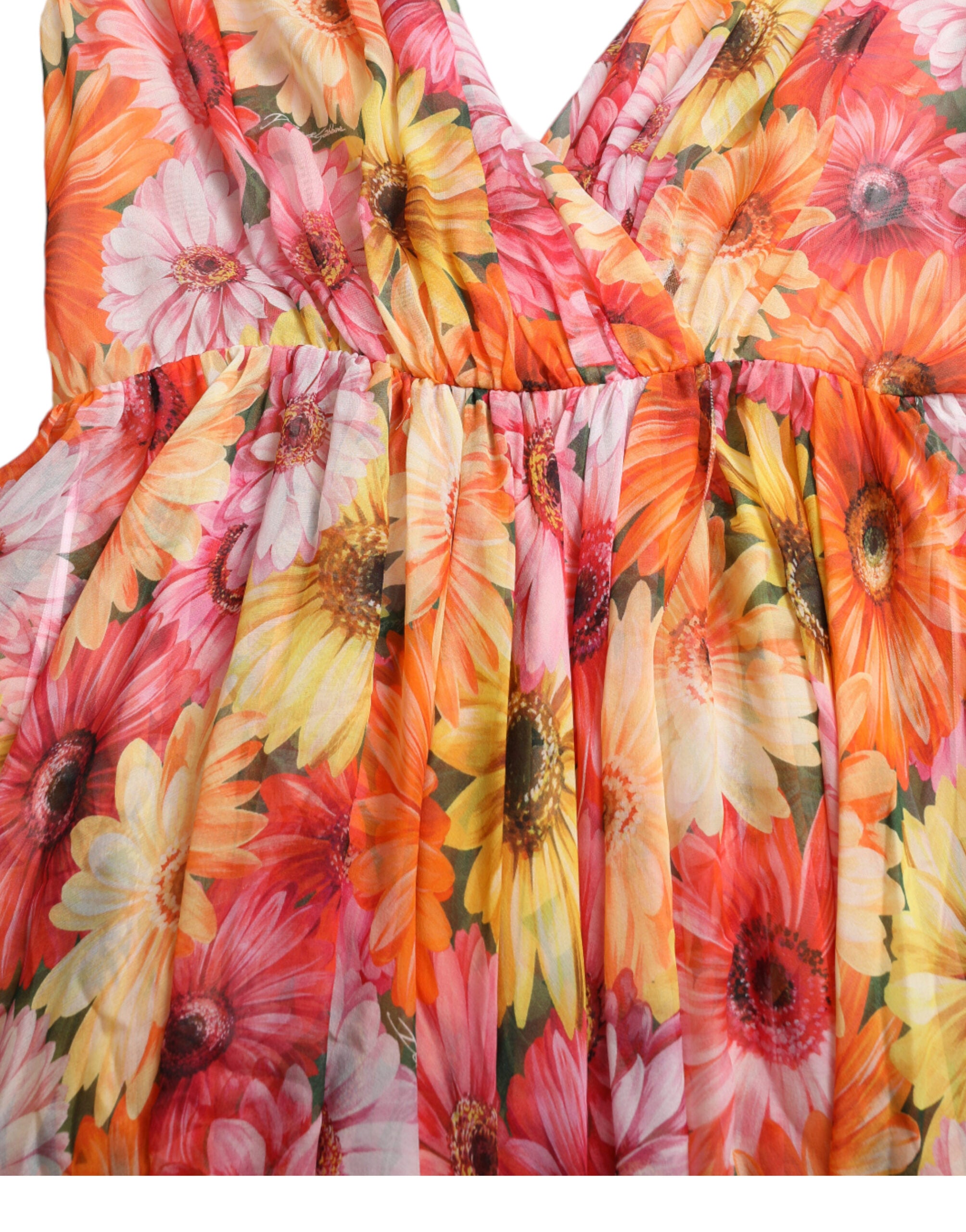 Multicolor zijden midi-jurk met zonnebloemprint