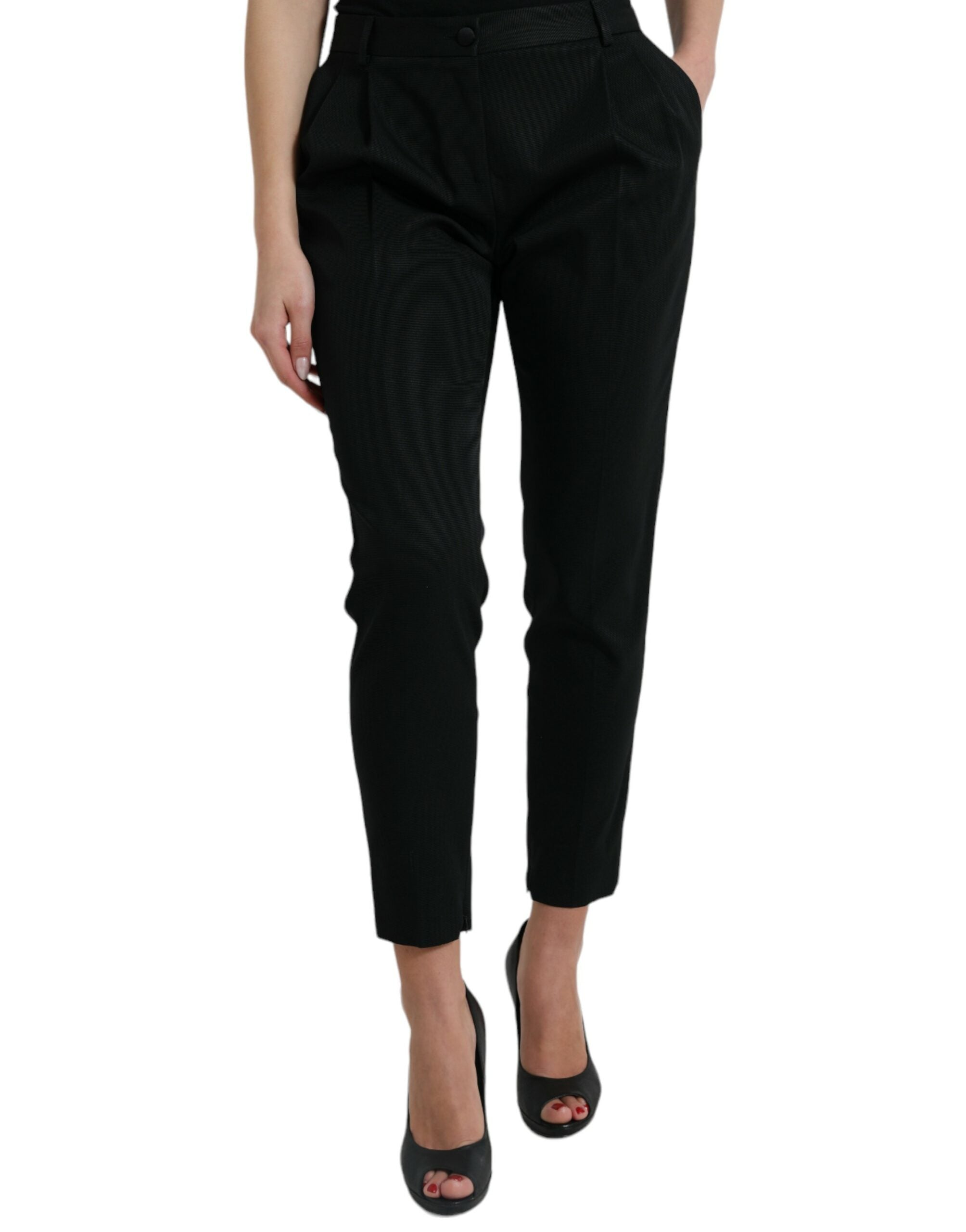Zwarte wollen cropped, taps toelopende broek met hoge taille