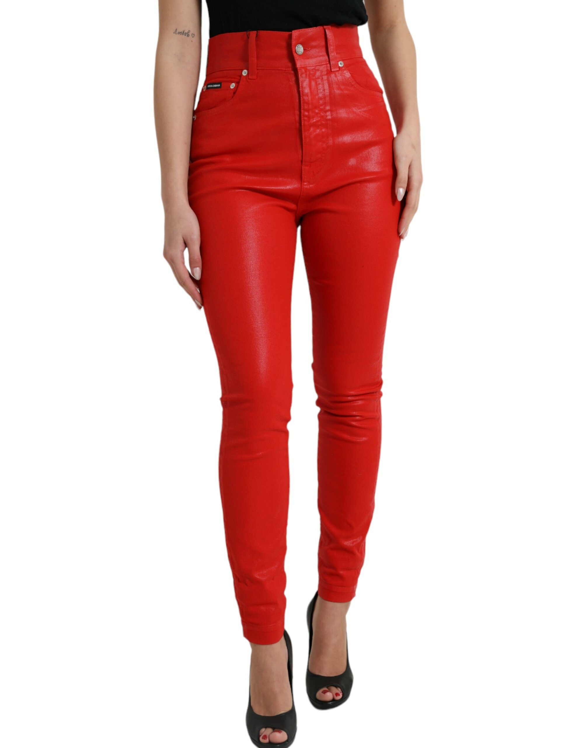 Rode katoenen skinny denim jeans met hoge taille