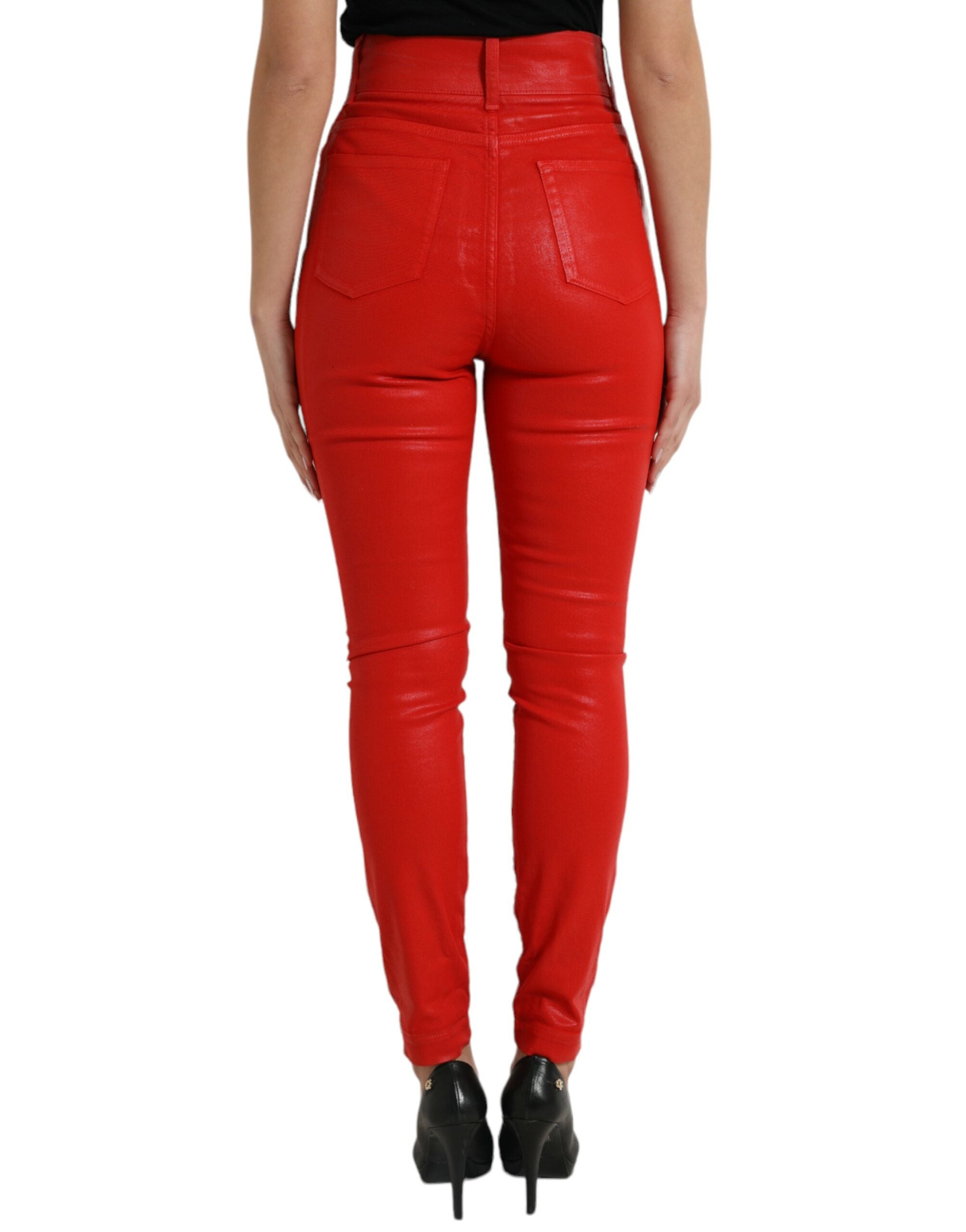 Rode katoenen skinny denim jeans met hoge taille