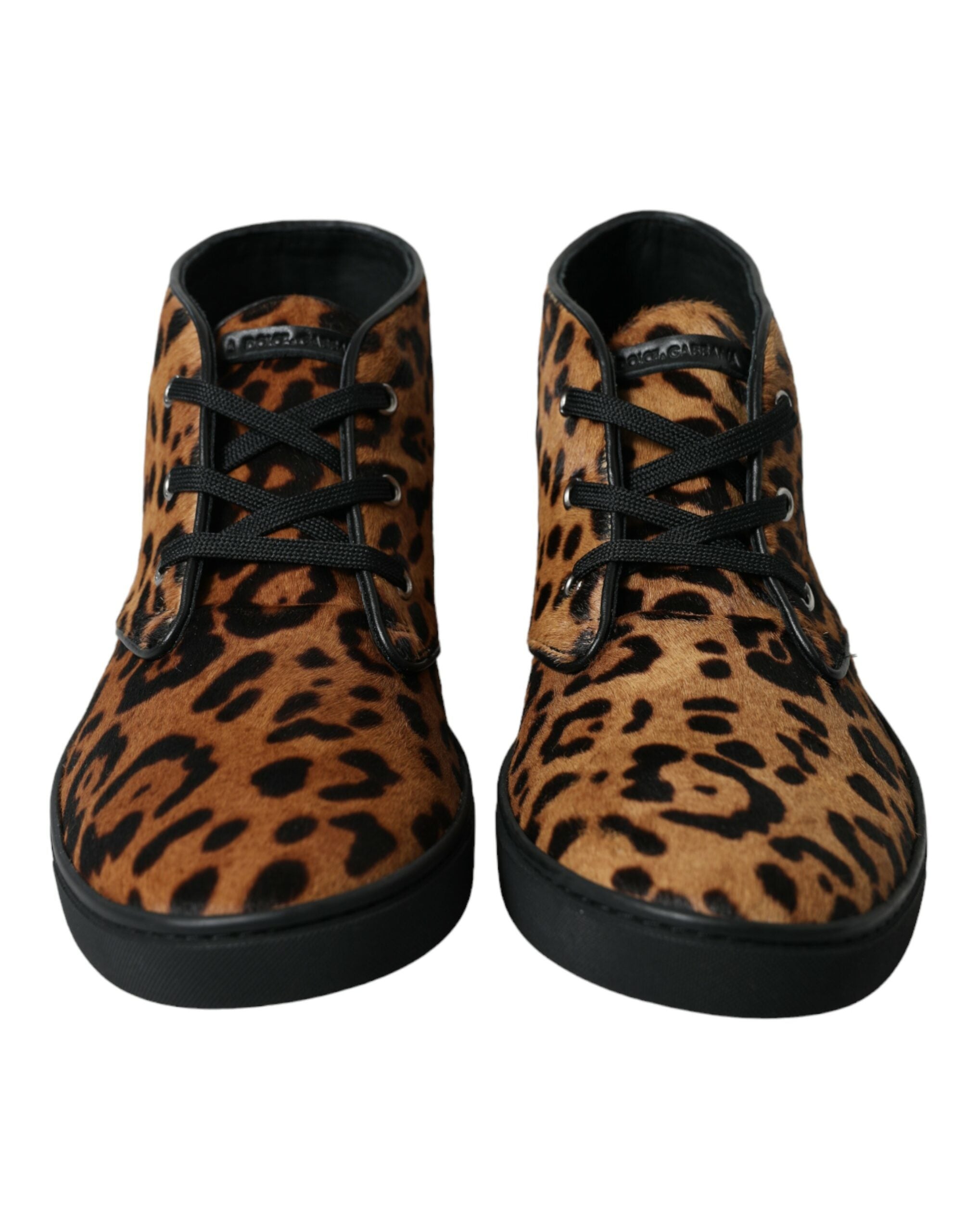 Bruine luipaardprint leren sneakers met ponyhaar