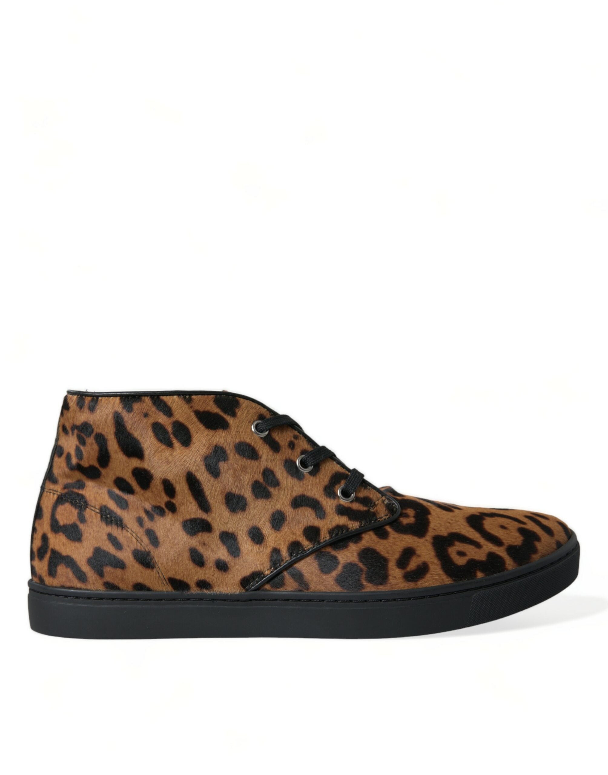 Bruine luipaardprint leren sneakers met ponyhaar