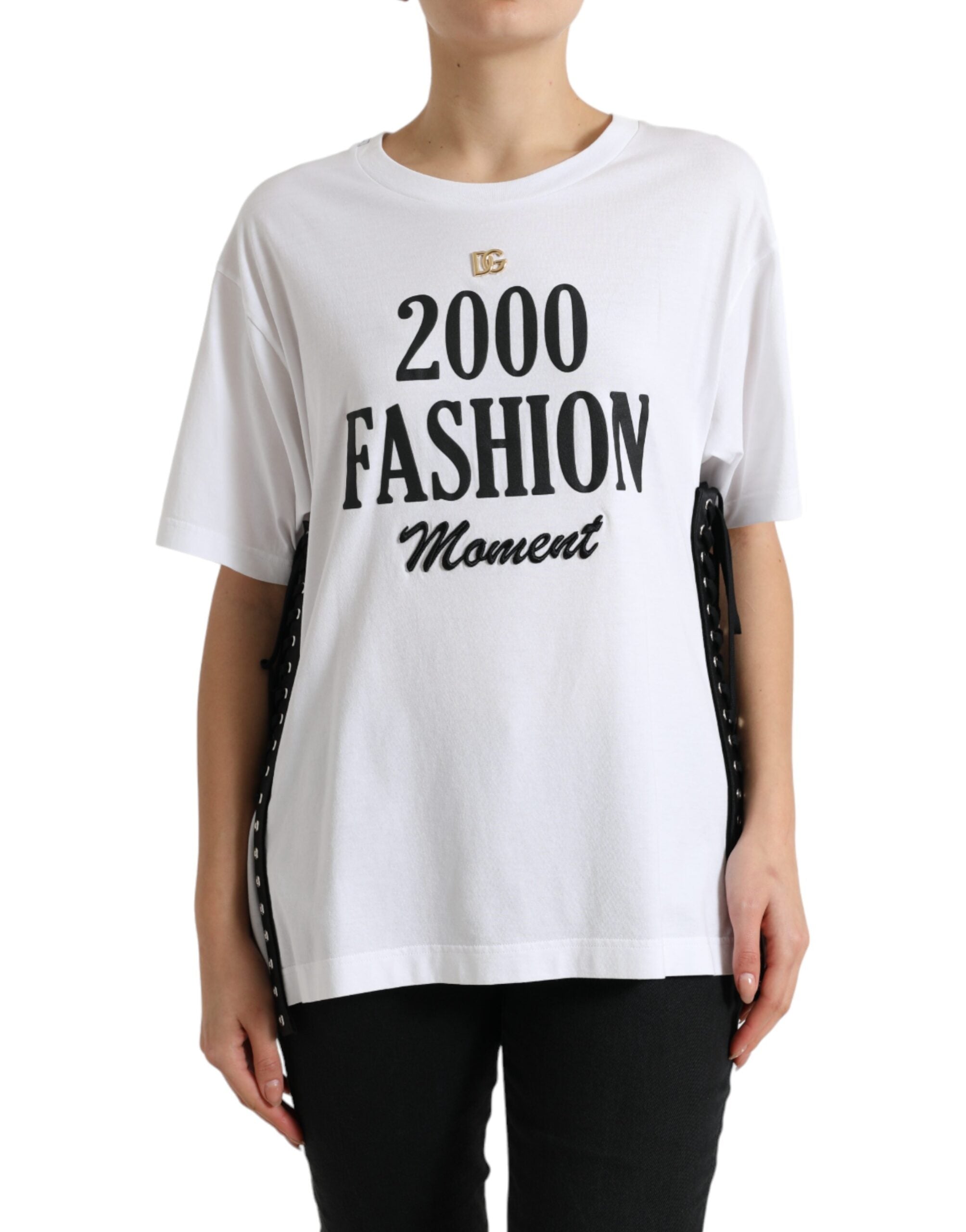 Wit T-shirt met sloganprint en veterdetail