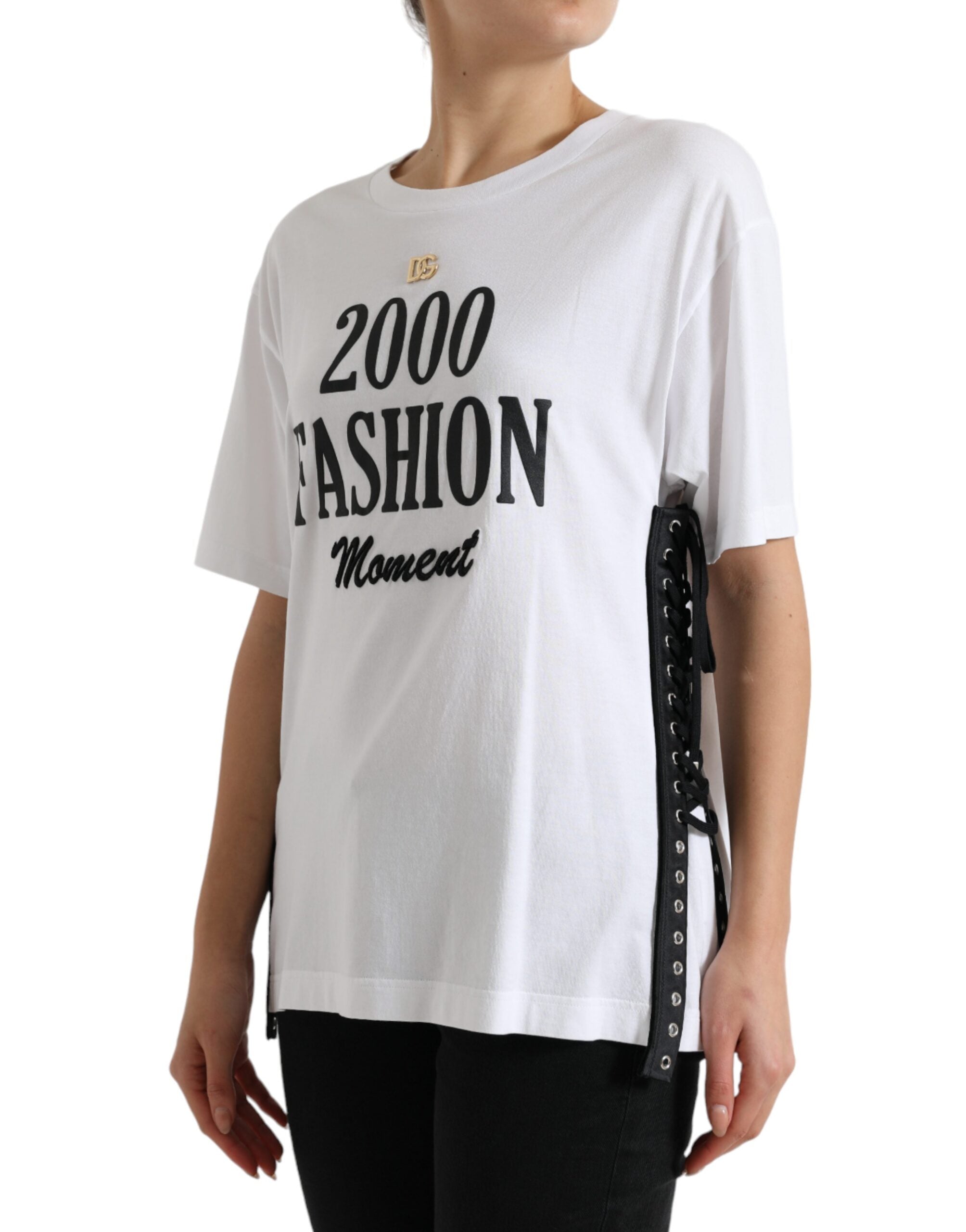 Wit T-shirt met sloganprint en veterdetail