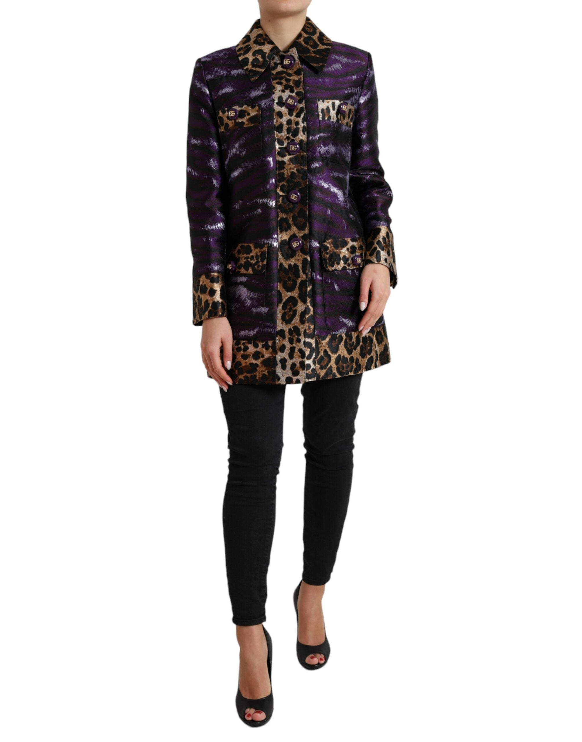 Paars lamé jacquard jas met tijgerprint