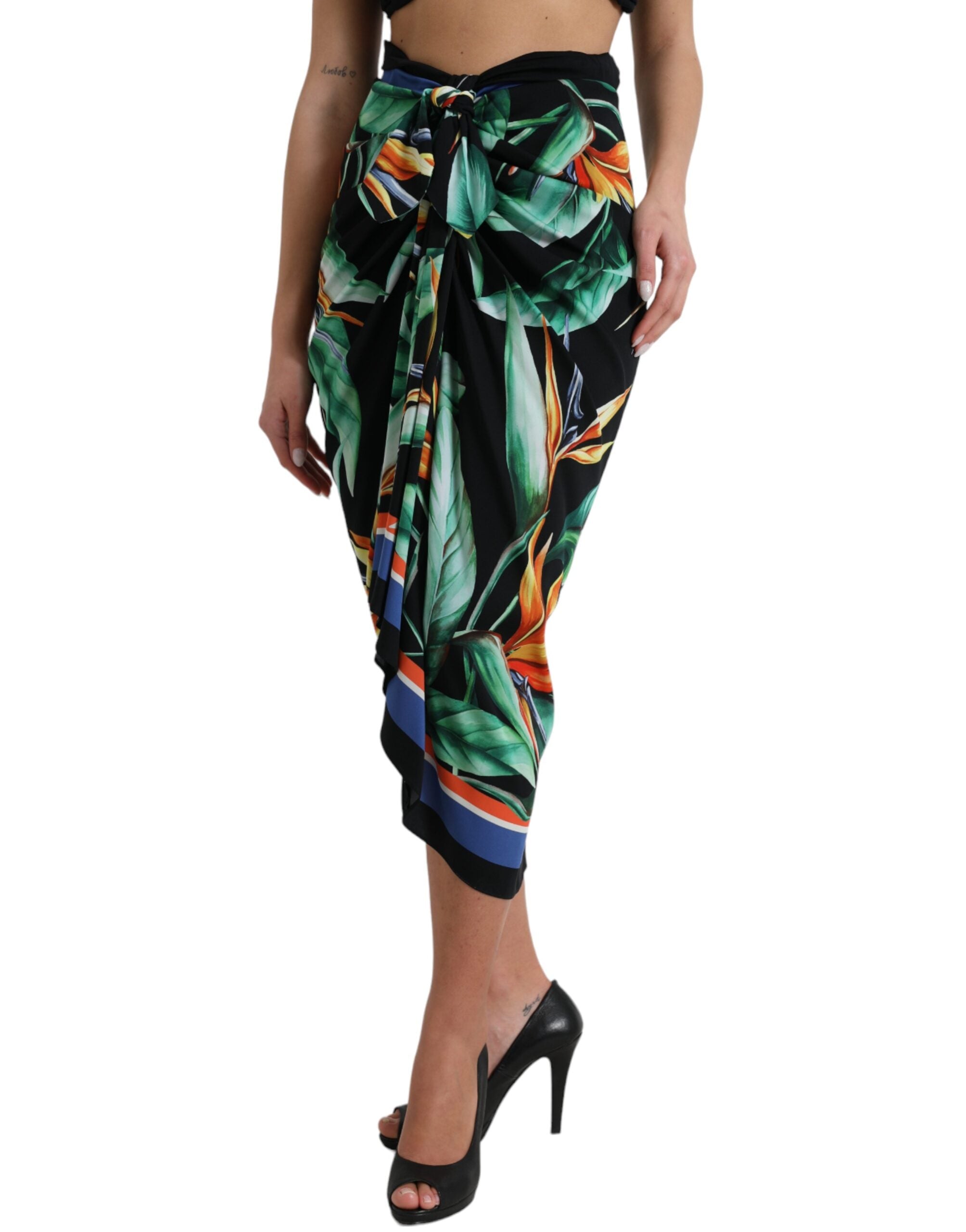 Zwarte Strelitzia High Waist Wikkel Midi Rok