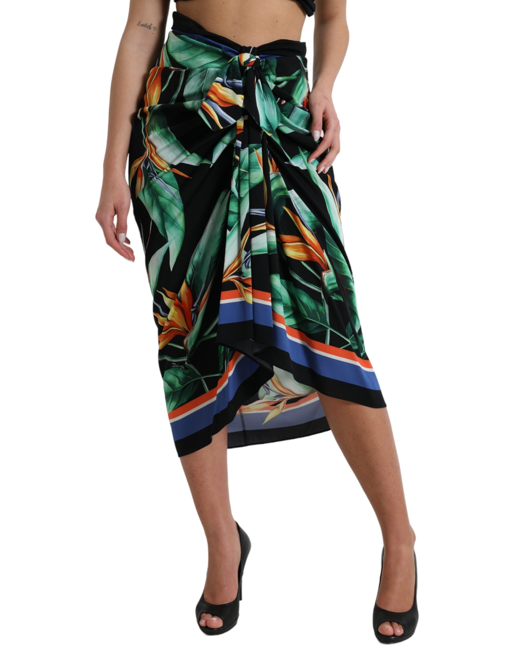 Zwarte Strelitzia High Waist Wikkel Midi Rok