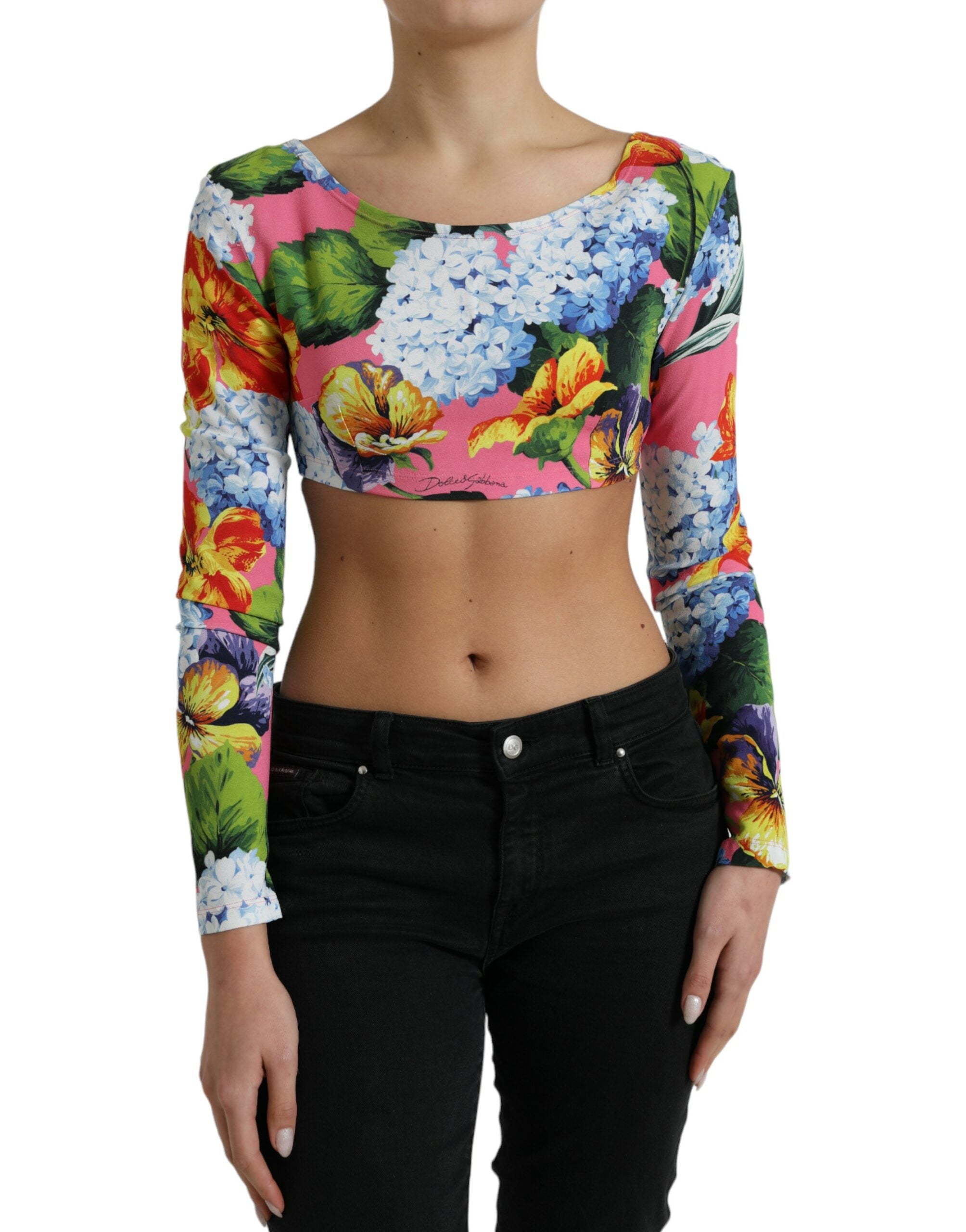 Veelkleurige bloemen crop top met lange mouwen