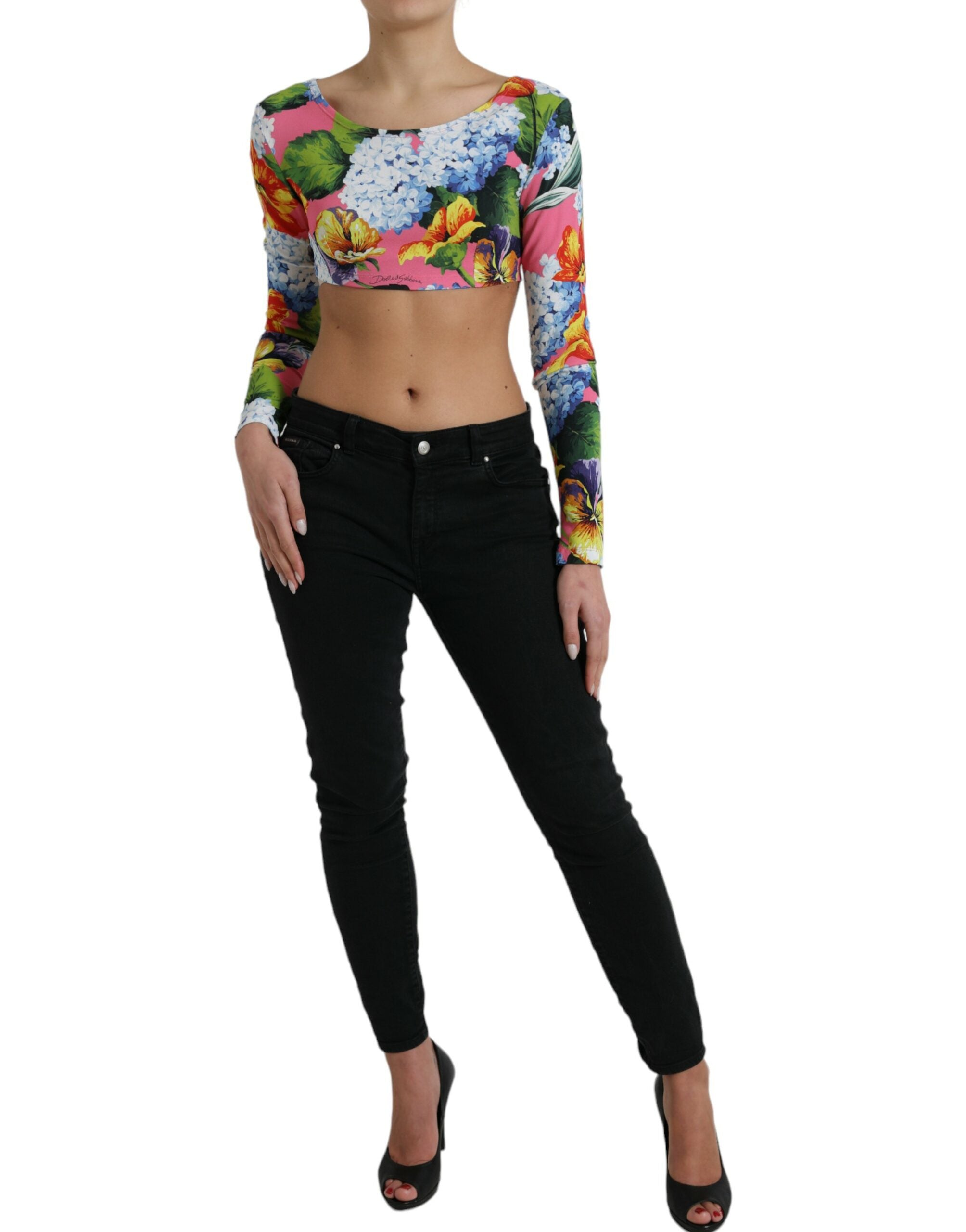 Veelkleurige bloemen crop top met lange mouwen