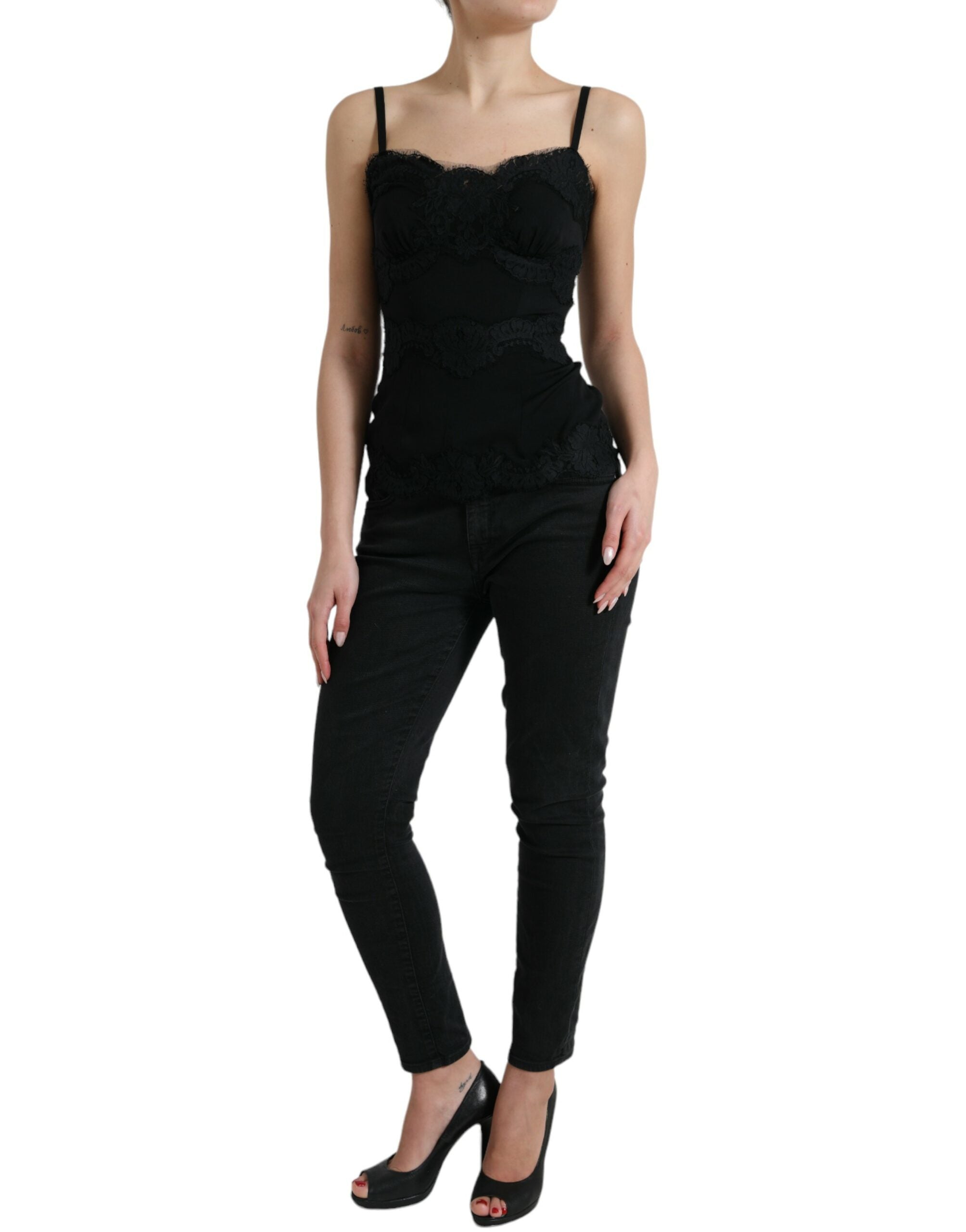 Zwarte zijden stretch kanten mouwloze tanktop