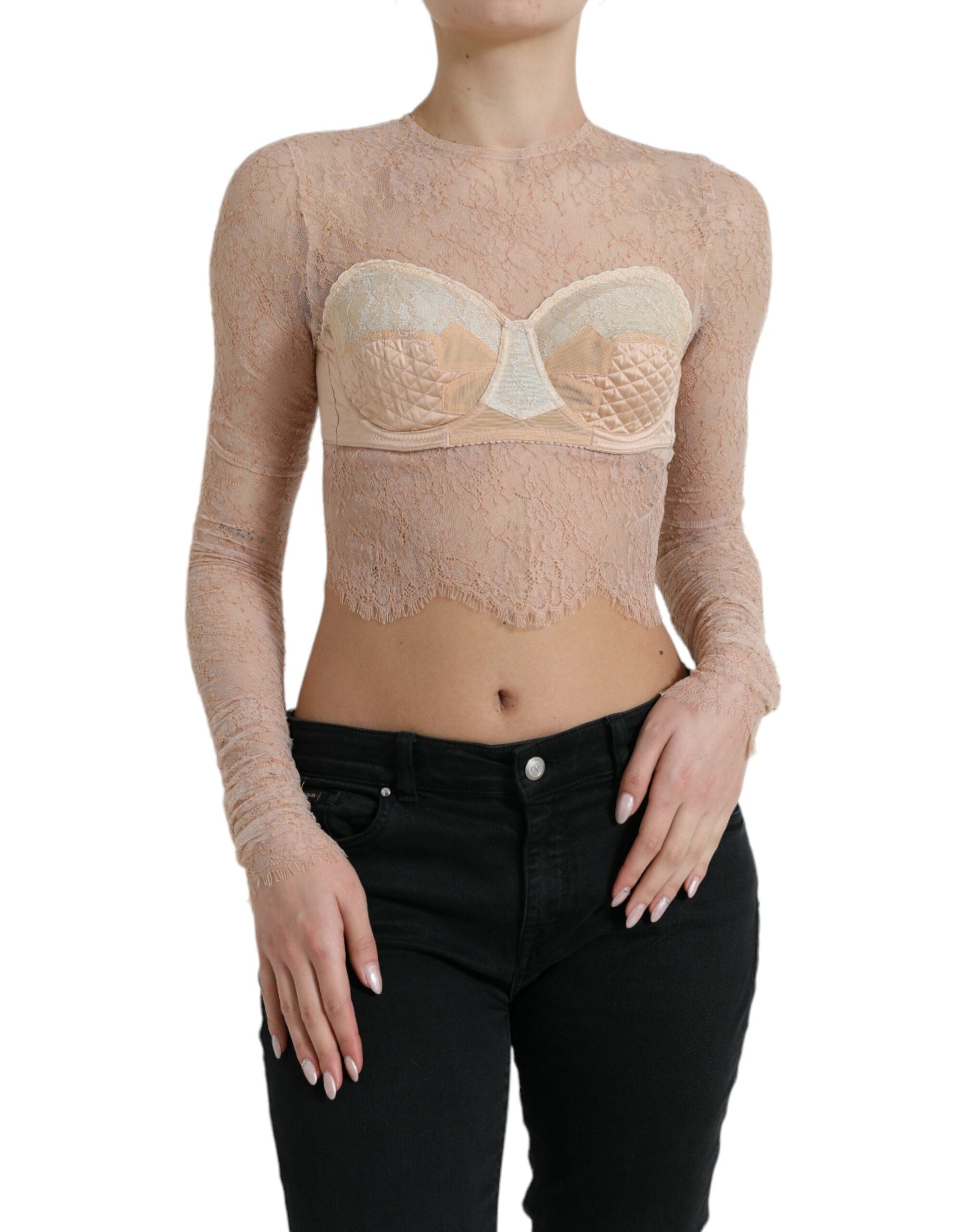 Beige nylon bloemenkant bustier cropped top