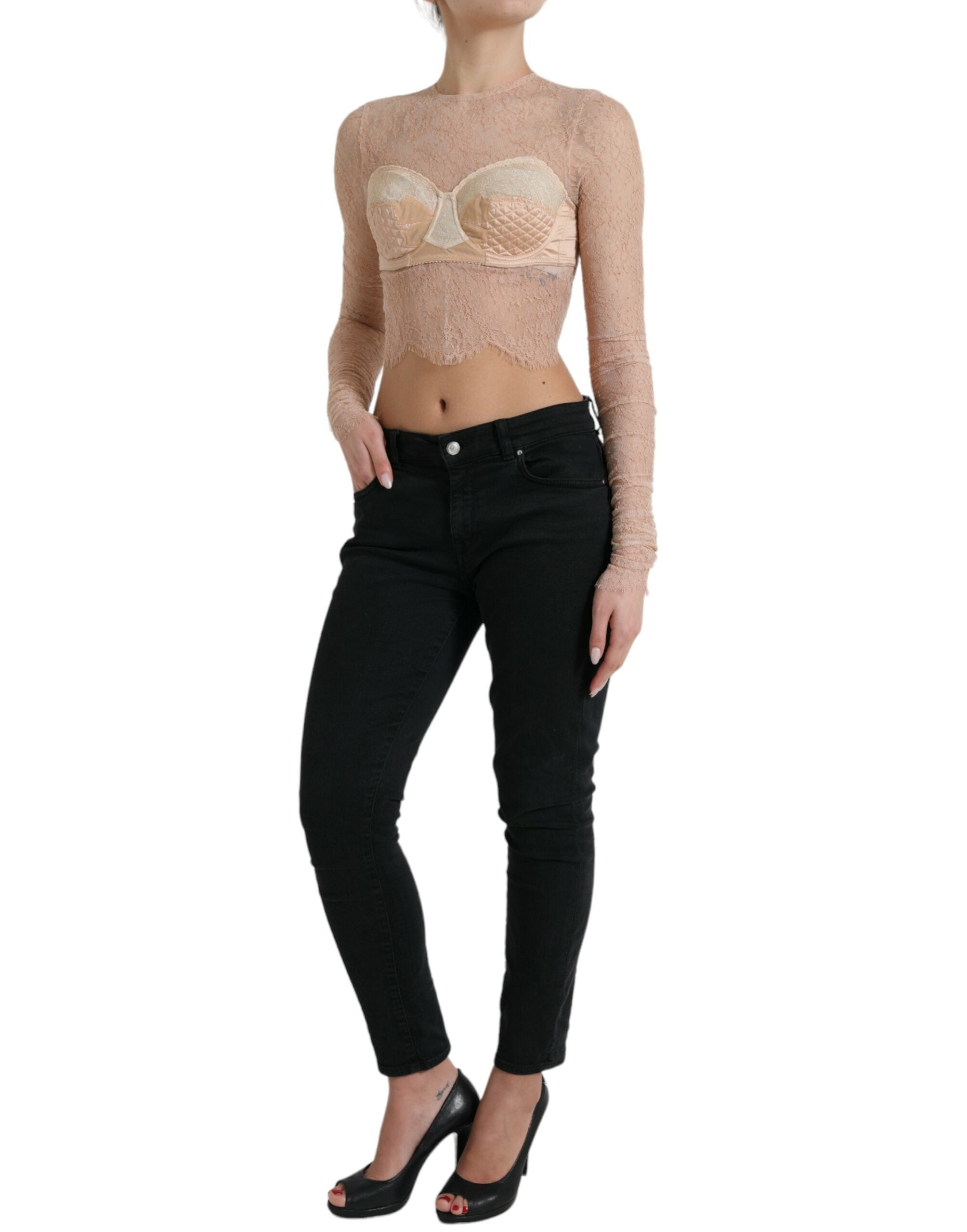 Beige nylon bloemenkant bustier cropped top