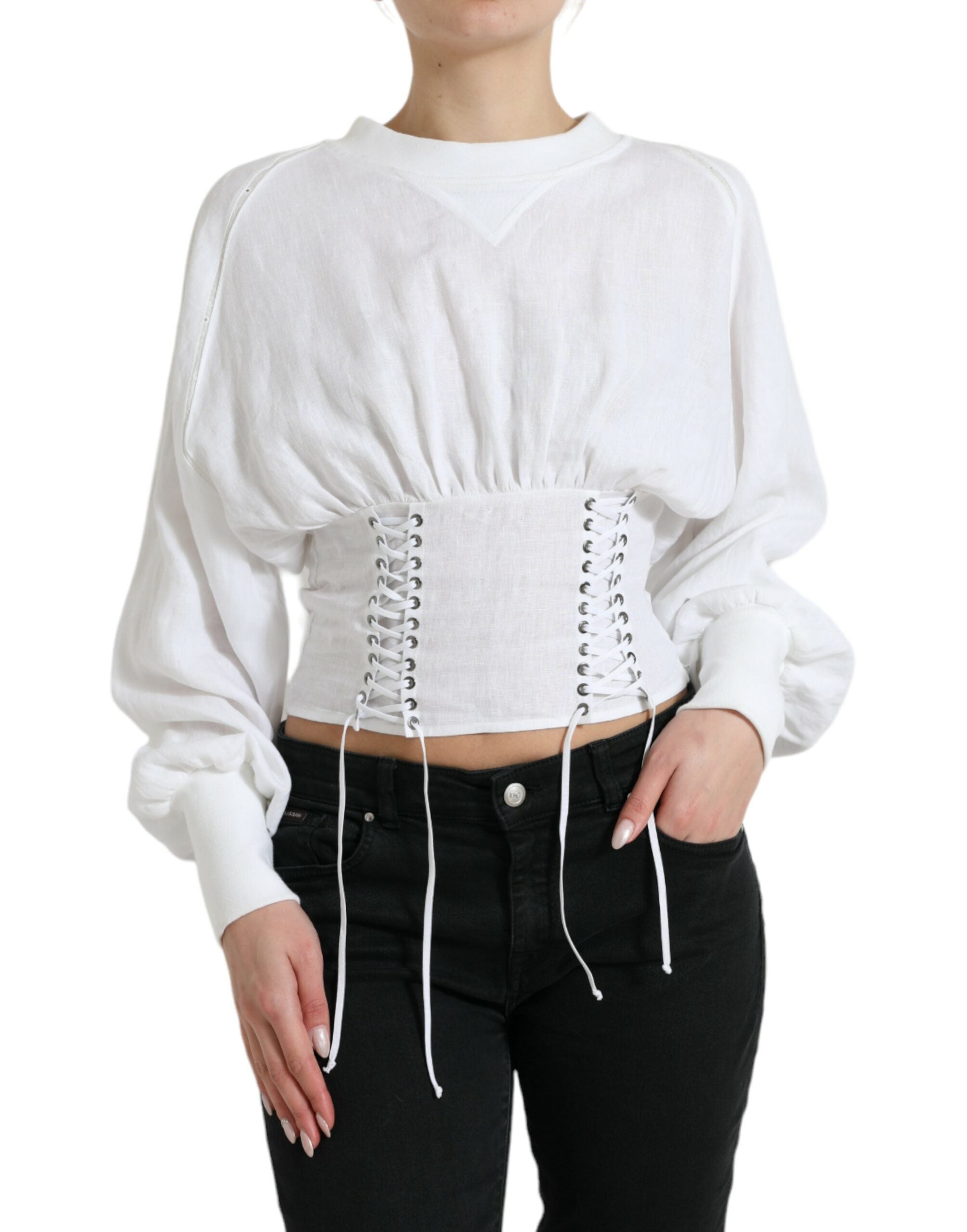 Wit katoenen korset met lange mouwen en cropped bovenkleding