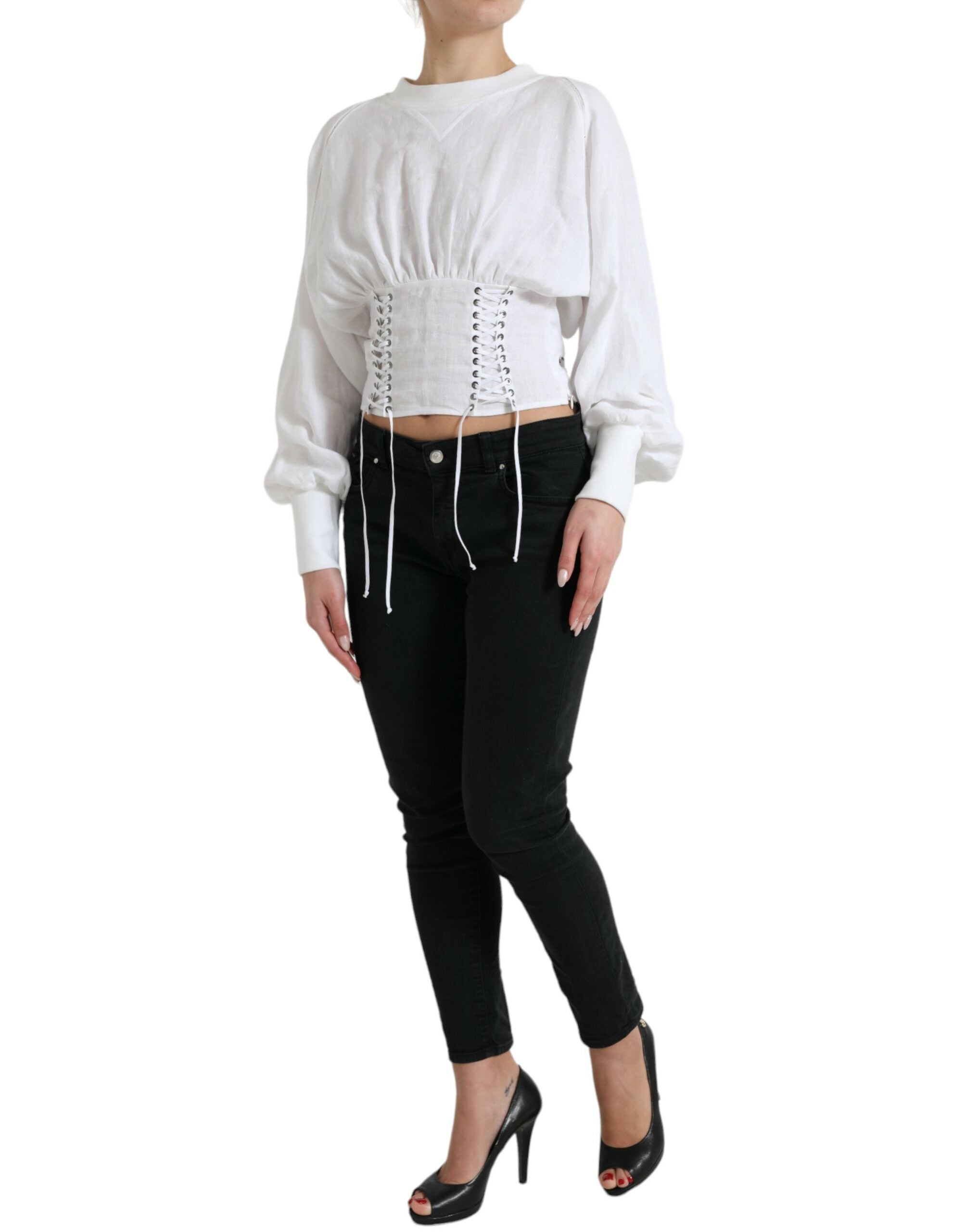 Wit katoenen korset met lange mouwen en cropped bovenkleding