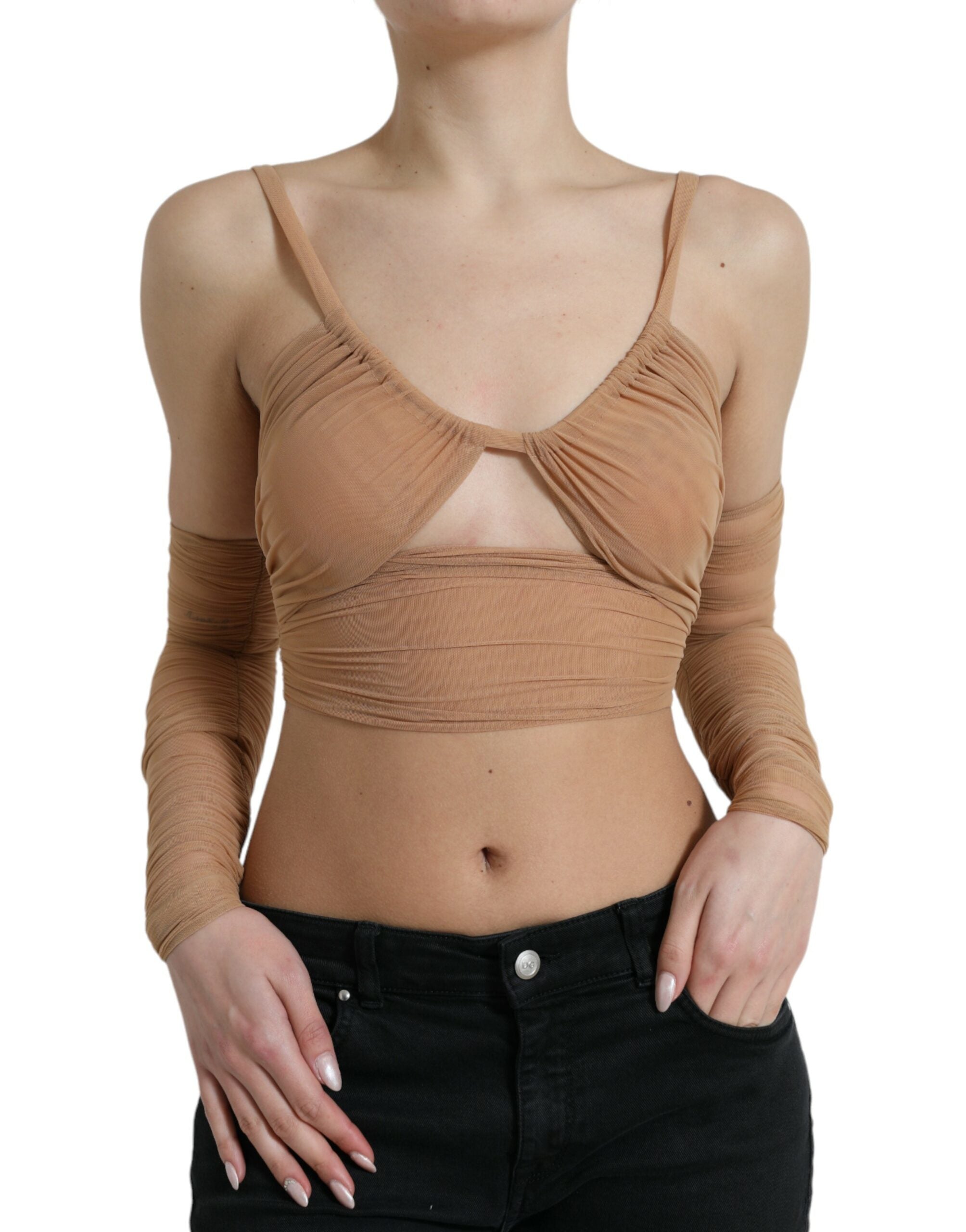 Bruine nylon stretch open schouder crop top