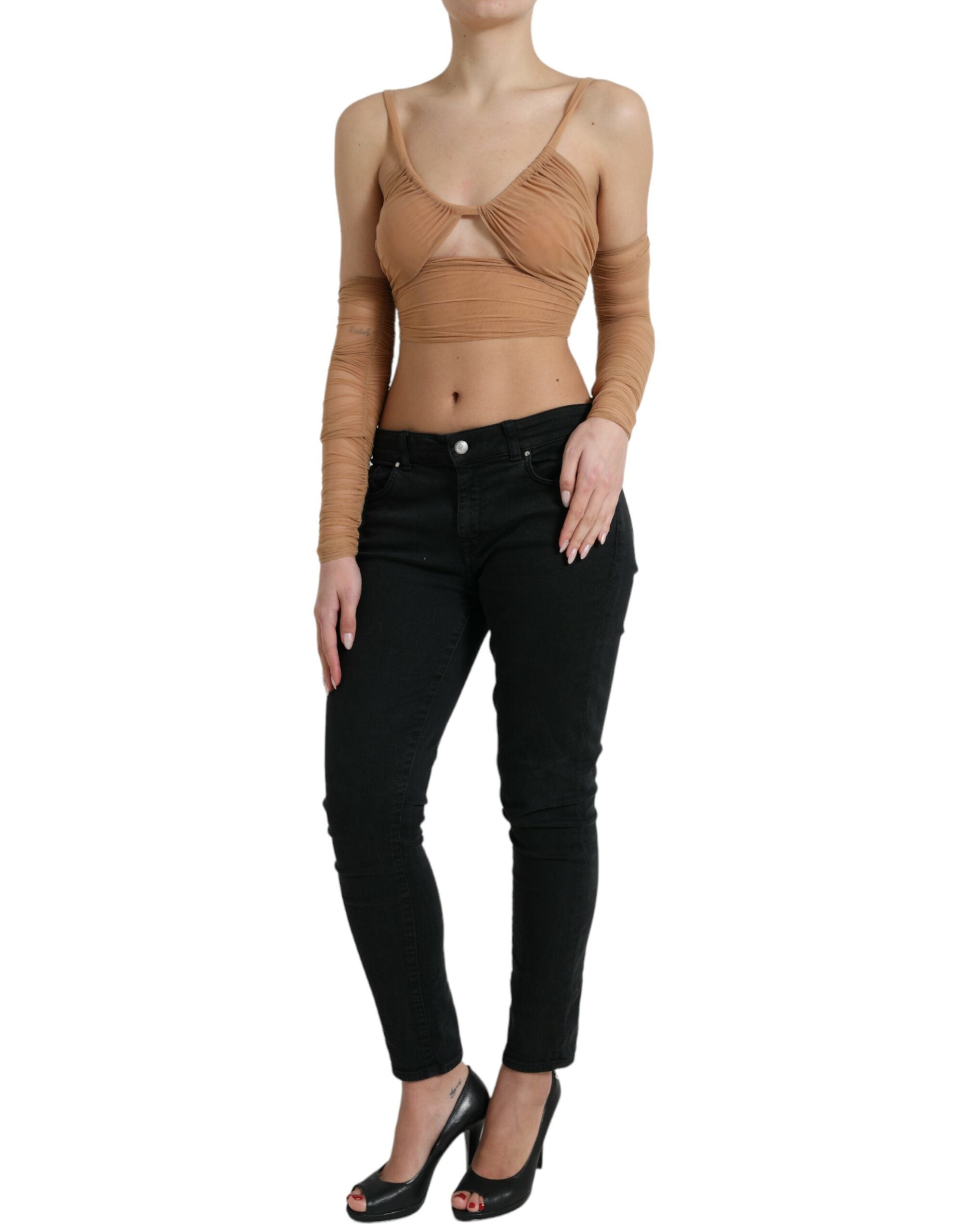 Bruine nylon stretch open schouder crop top