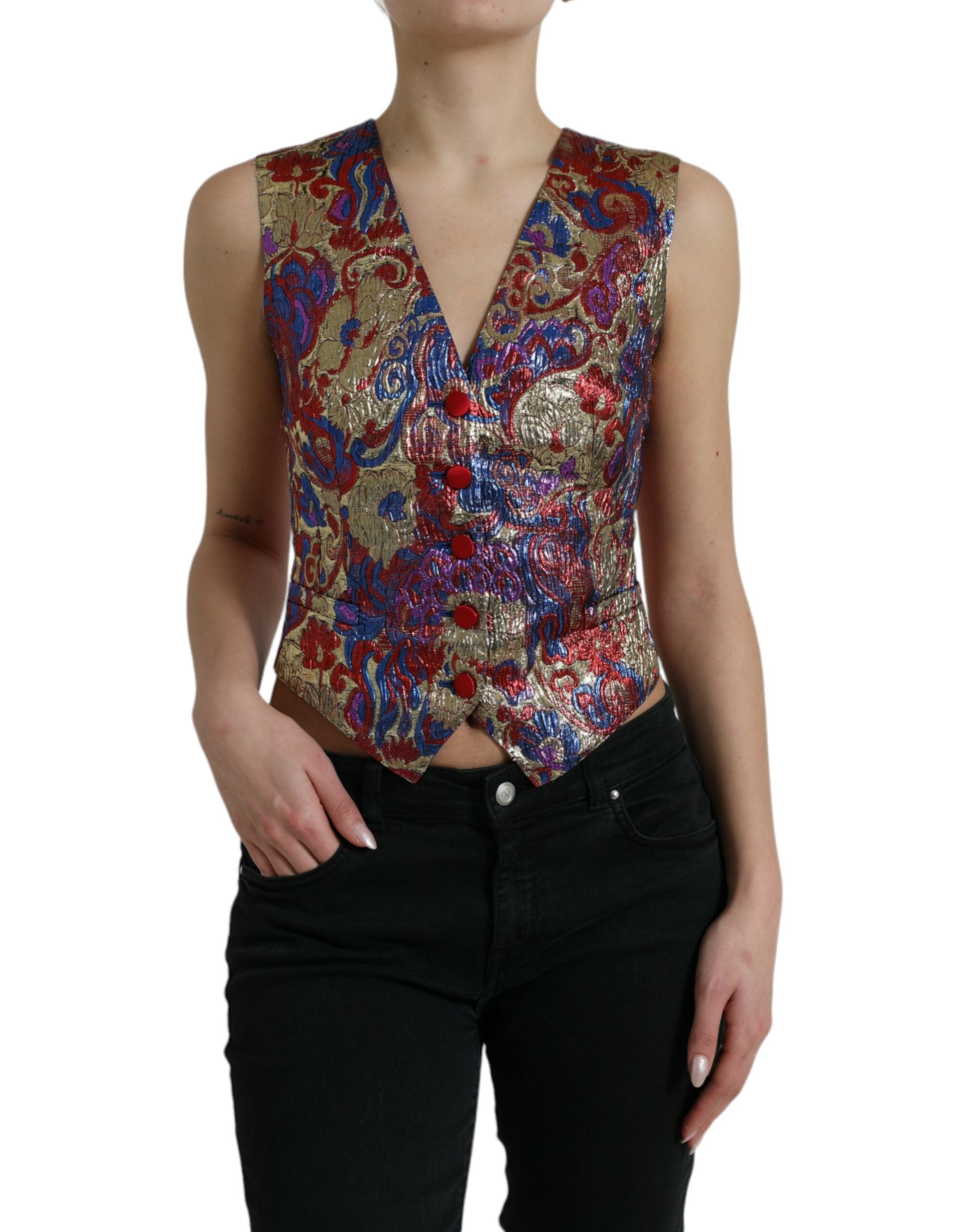 Veelkleurige jacquard-vesttop met knopen