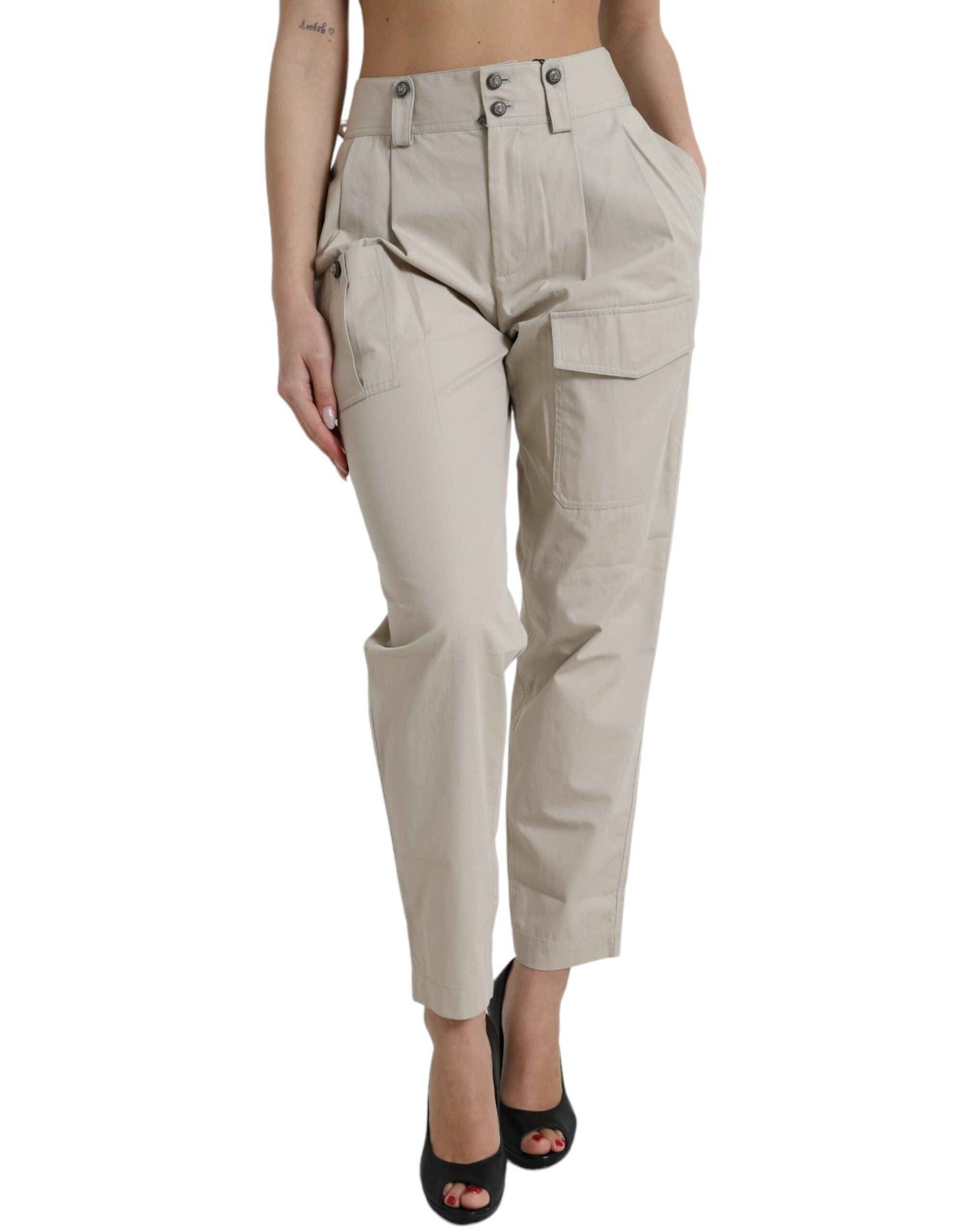 Beige katoenen hoge taille taps toelopende broek