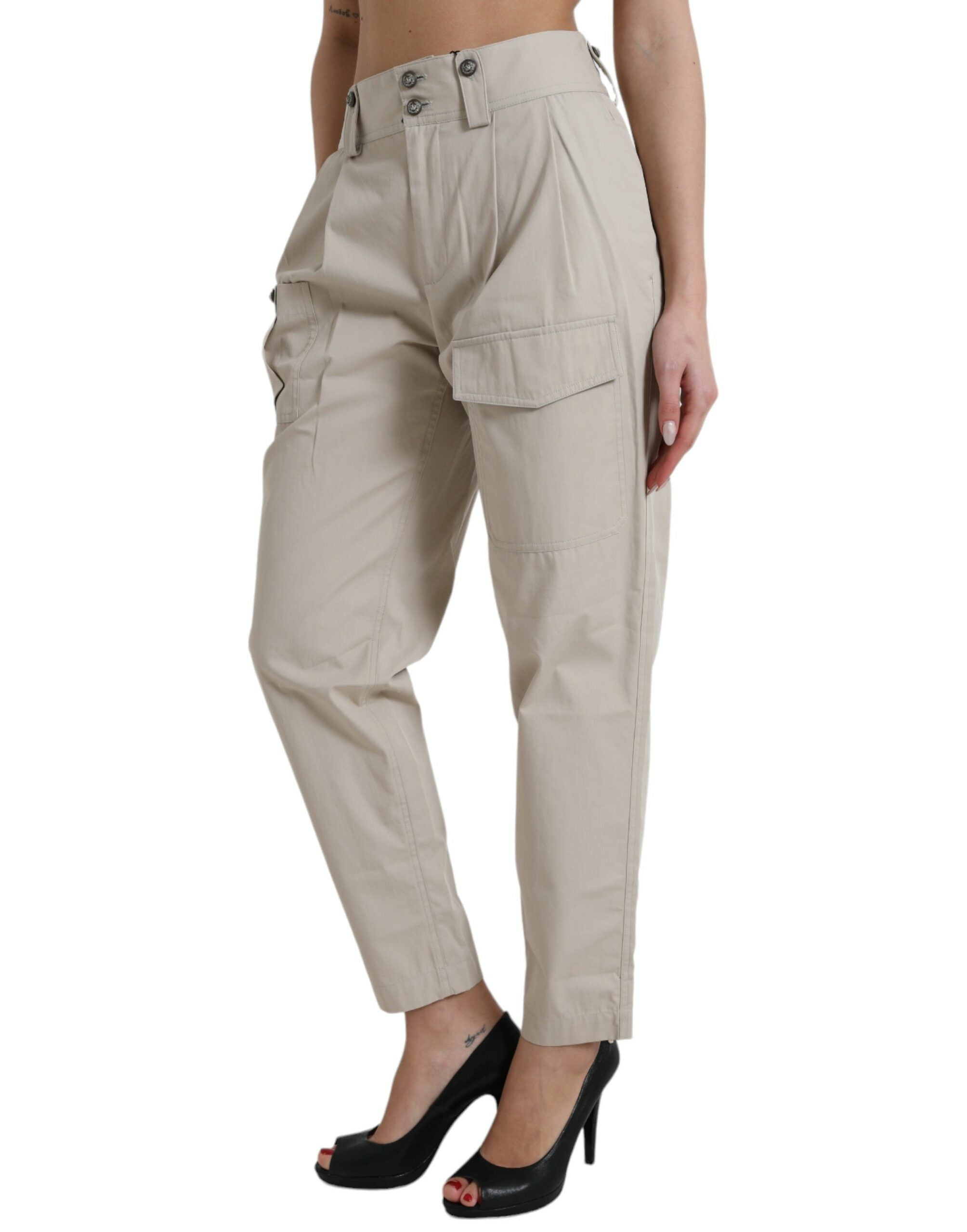 Beige katoenen hoge taille taps toelopende broek