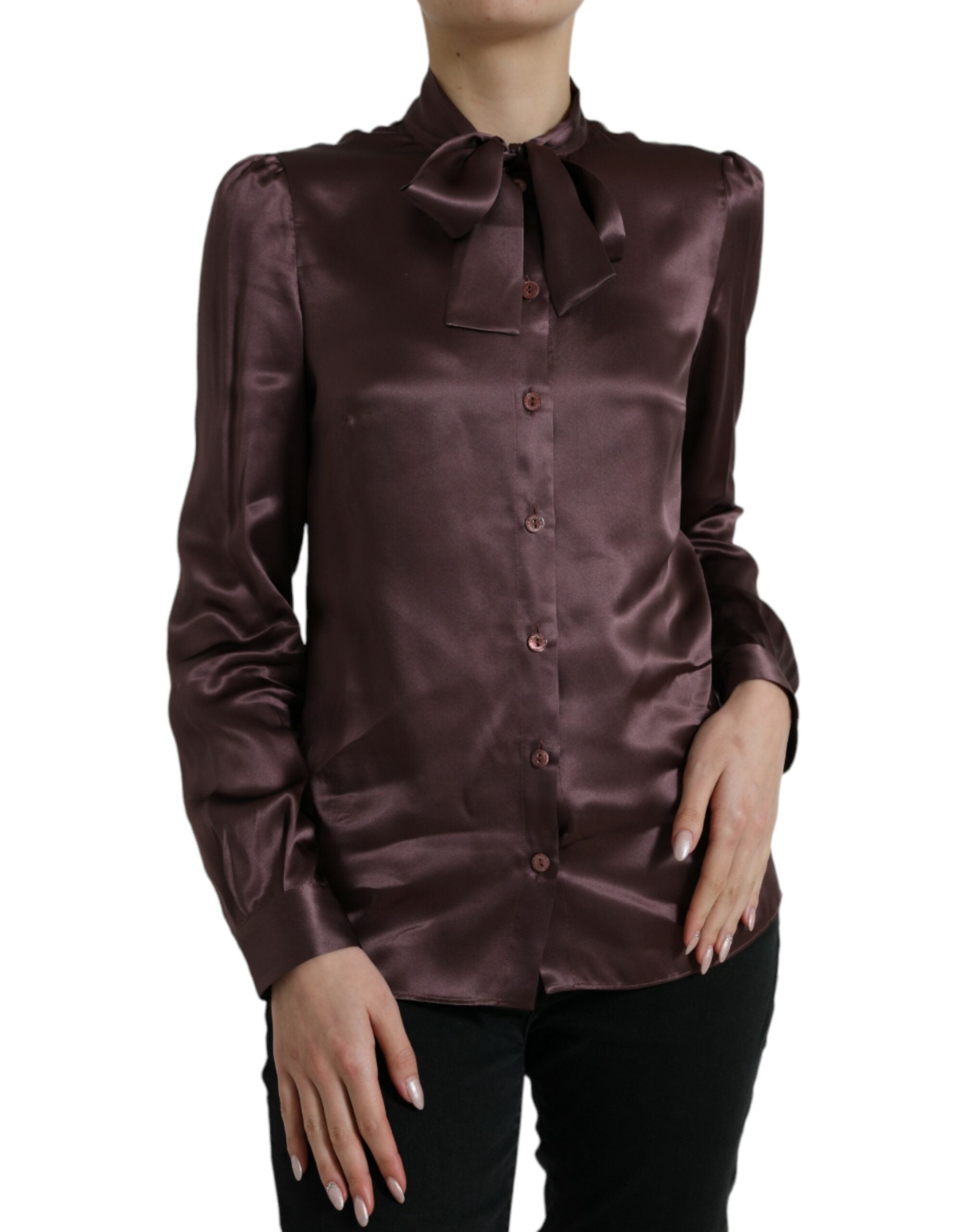 Bruine zijden Ascot kraag blouse met lange mouwen