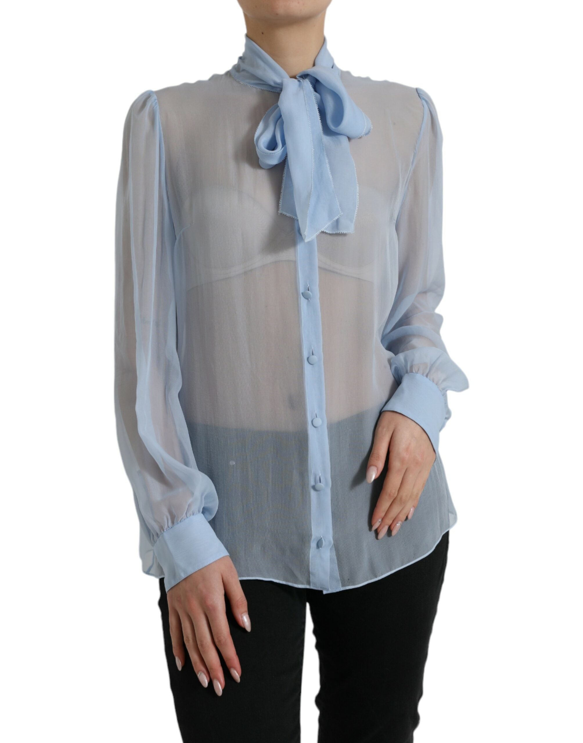 Blauwe blouse met lange mouwen en Ascot-kraag