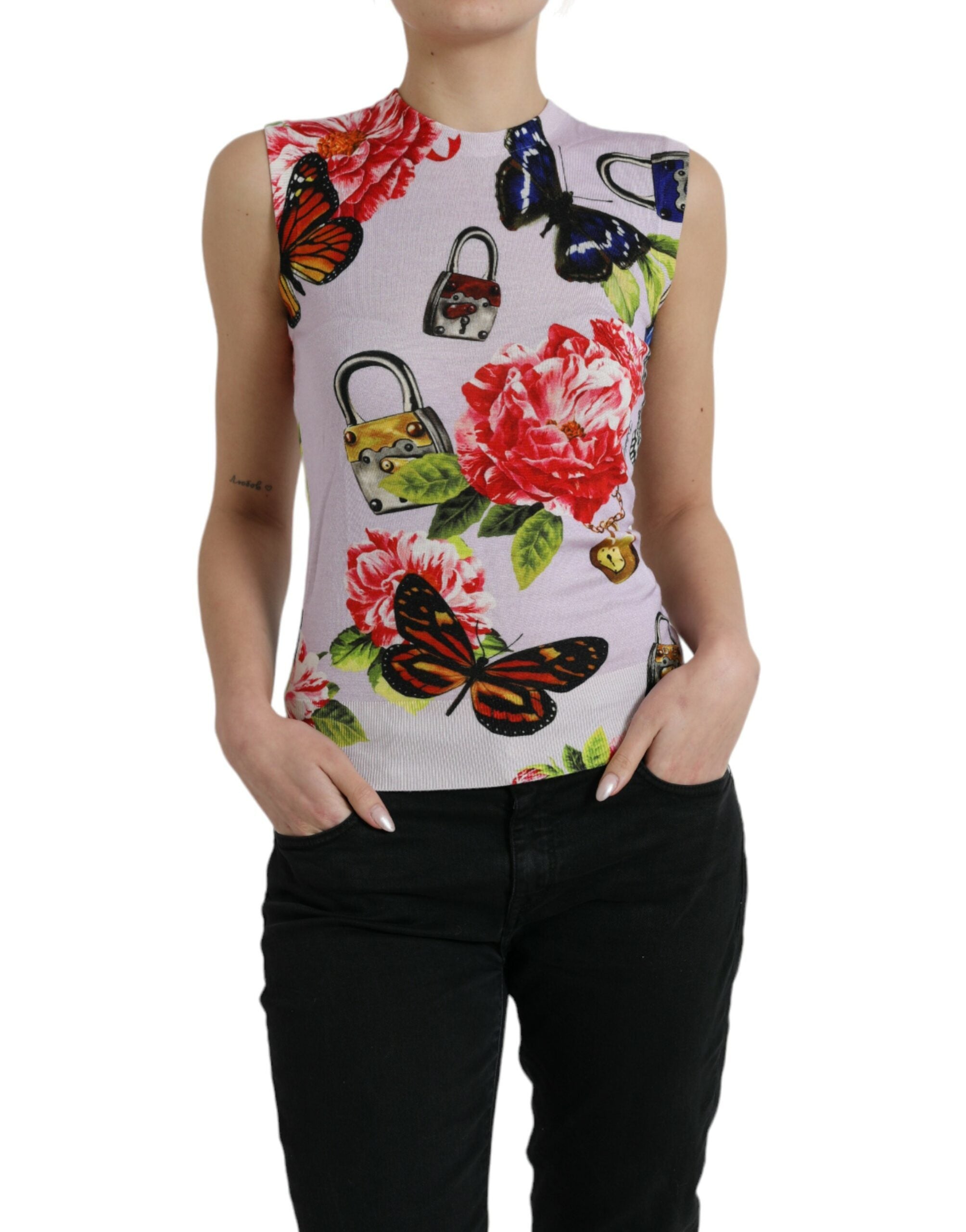 Veelkleurige tanktop met bloemenhangslot en vlindermotief