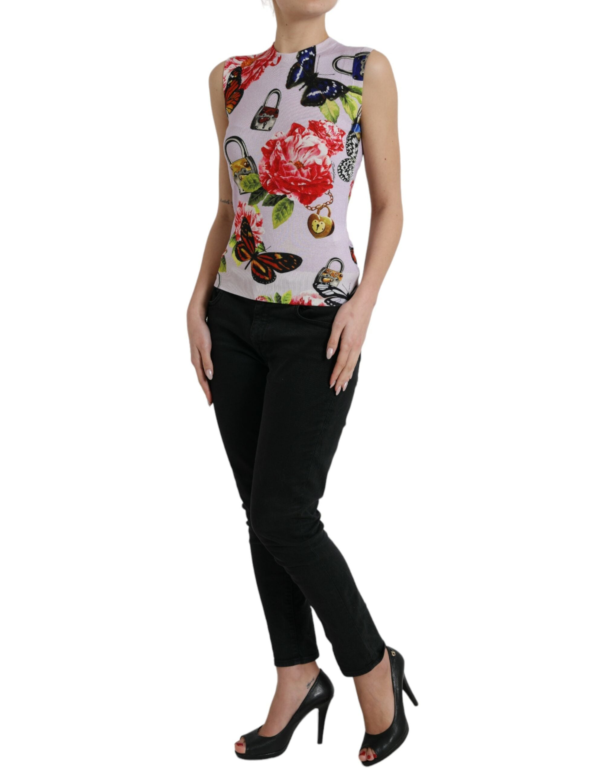 Veelkleurige tanktop met bloemenhangslot en vlindermotief