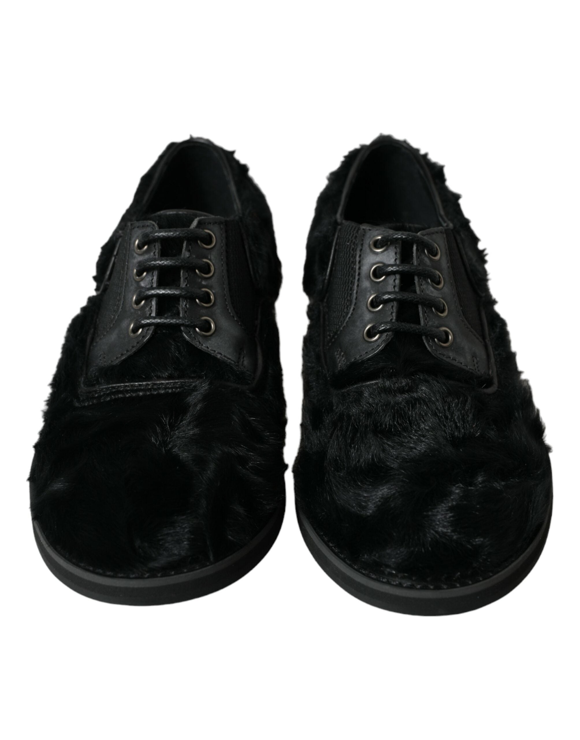 Zwarte veterschoenen van bontleer met derby-motief