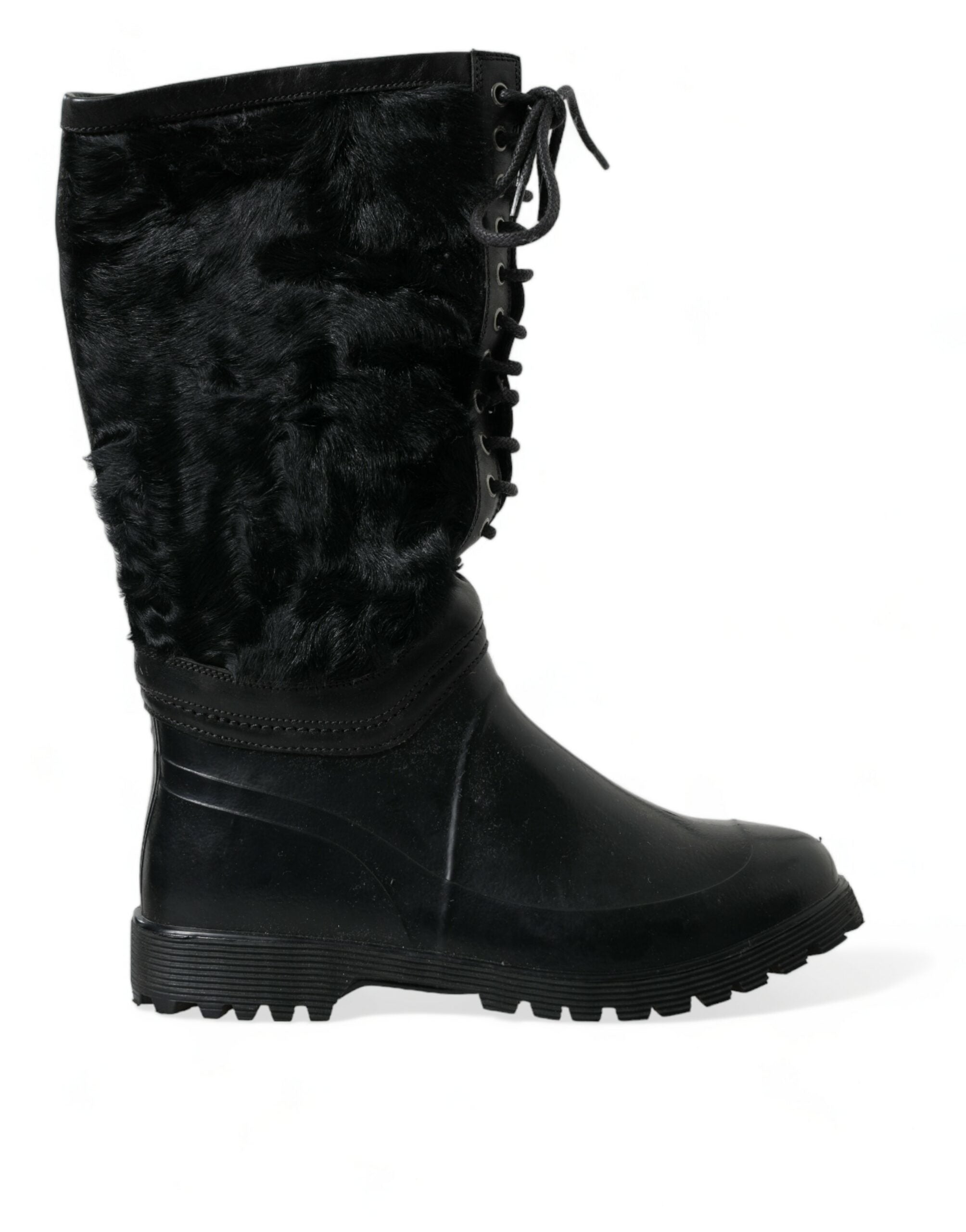 Zwarte rubberen veterschoenen met schapenvacht