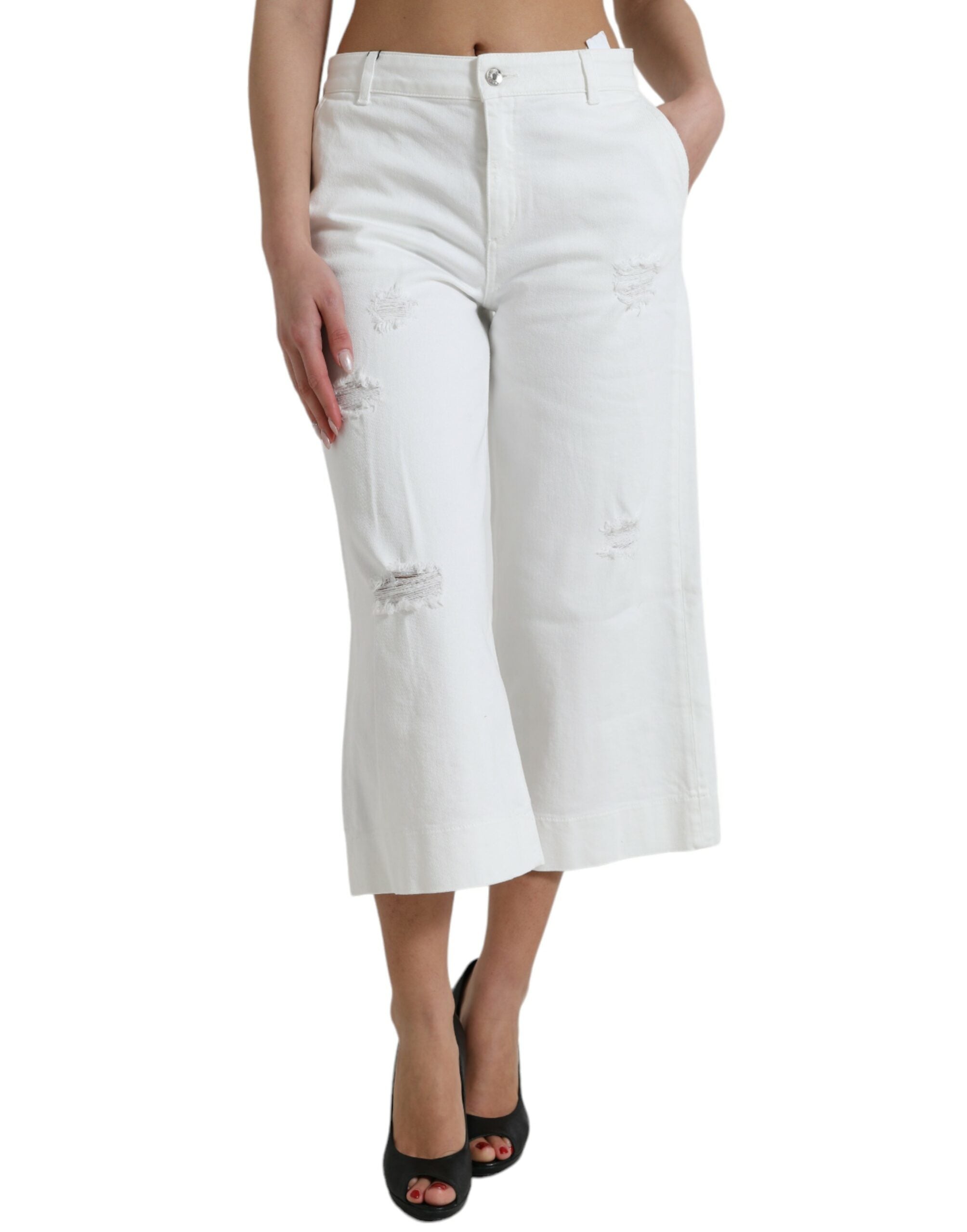 Witte katoenen cropped jeans met wijde pijpen