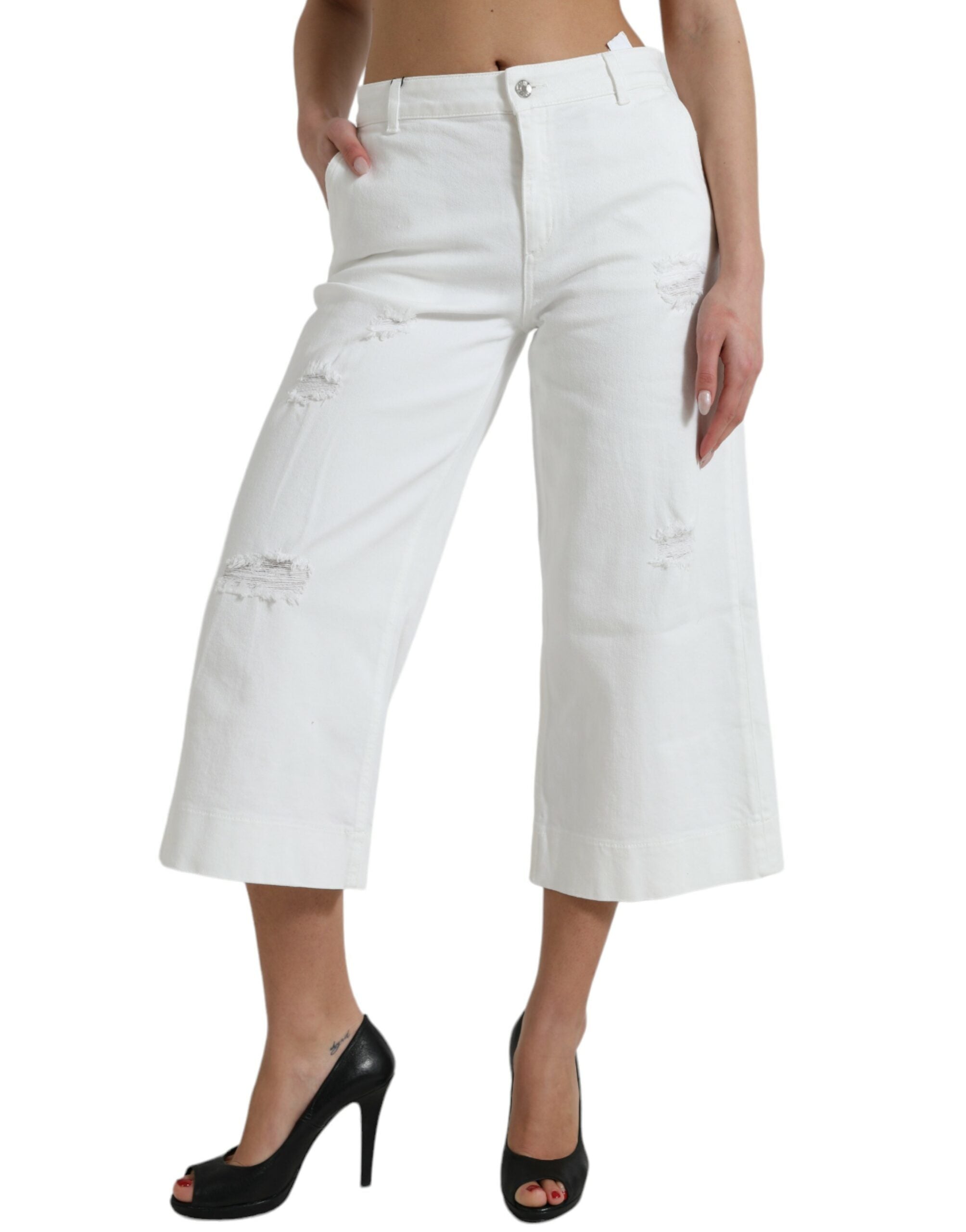 Witte katoenen cropped jeans met wijde pijpen