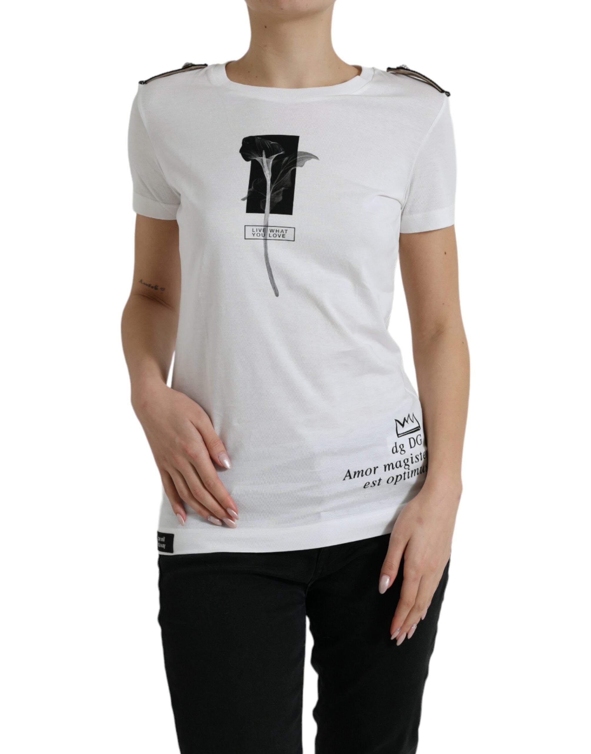 Wit zwart rozen ronde hals katoenen T-shirt