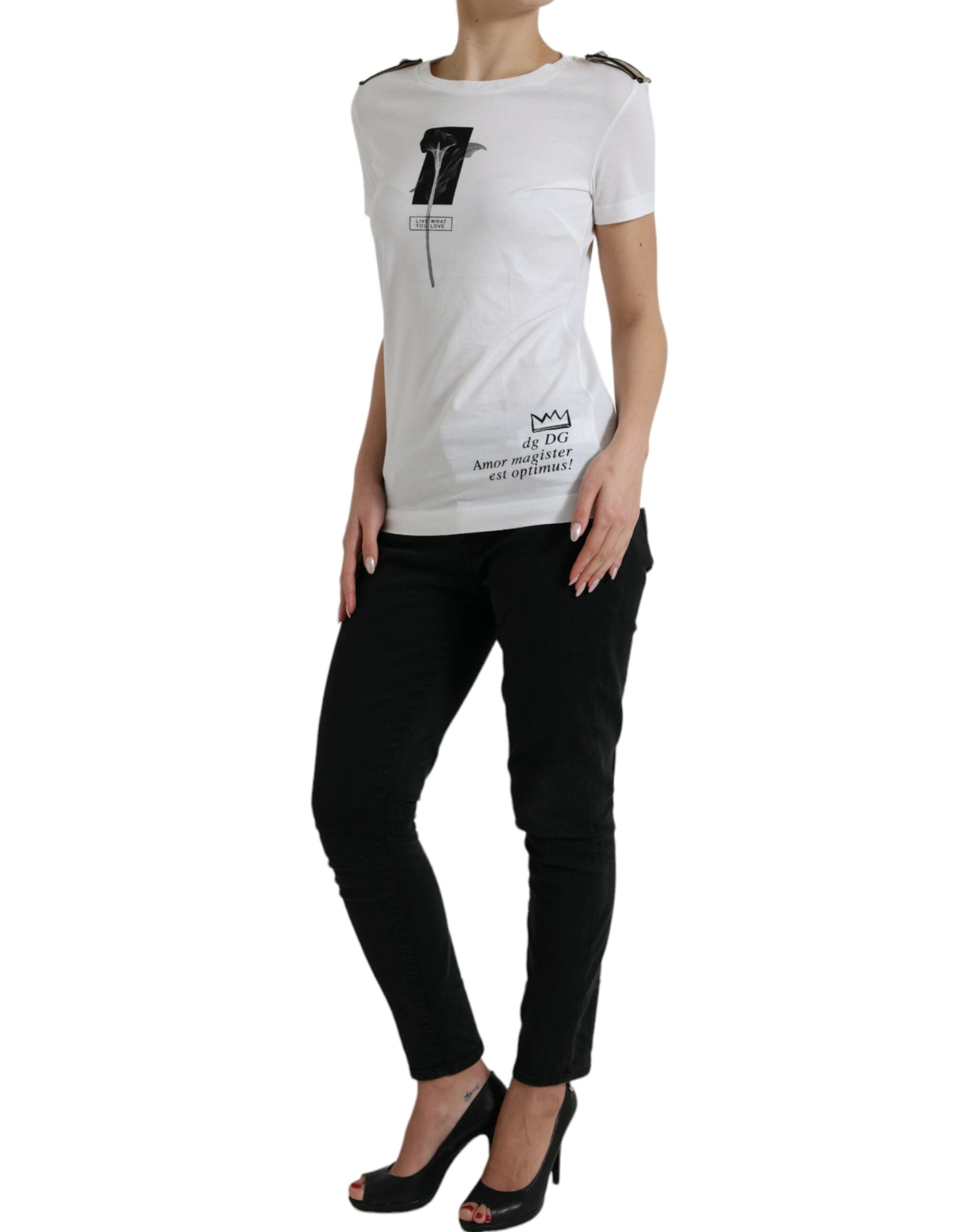 Wit zwart rozen ronde hals katoenen T-shirt