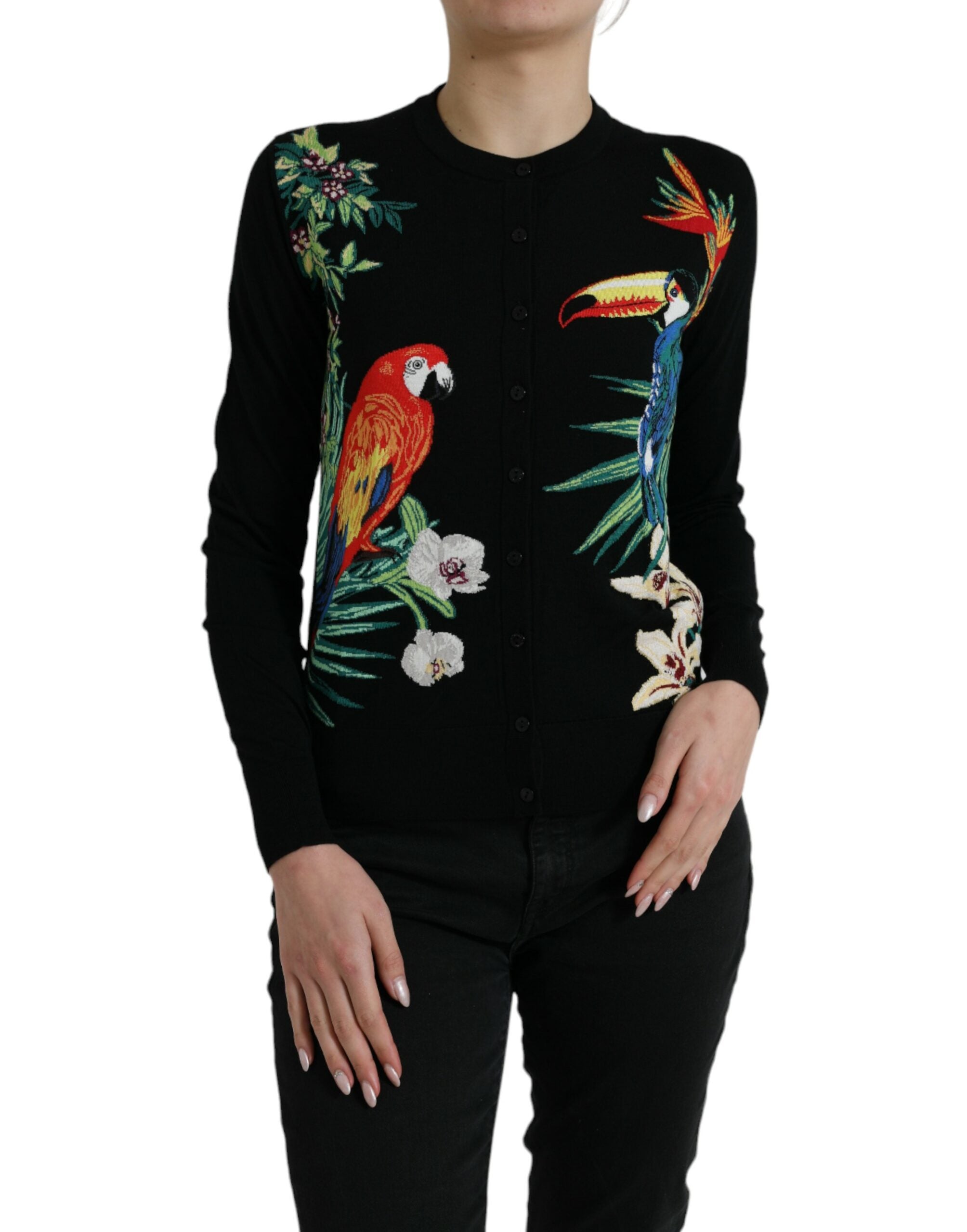 Zwarte vogel wollen cardigan met lange mouwen