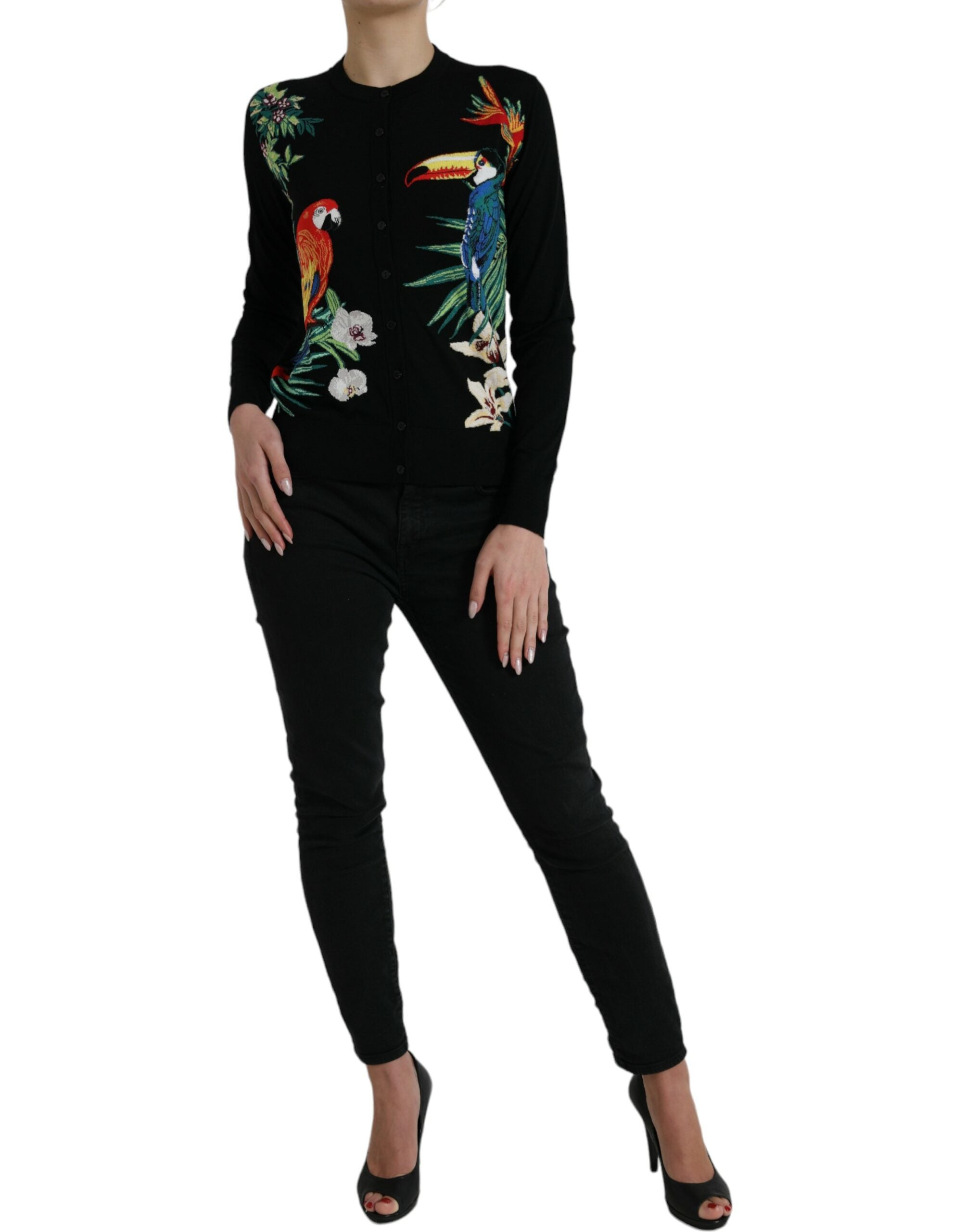Zwarte vogel wollen cardigan met lange mouwen