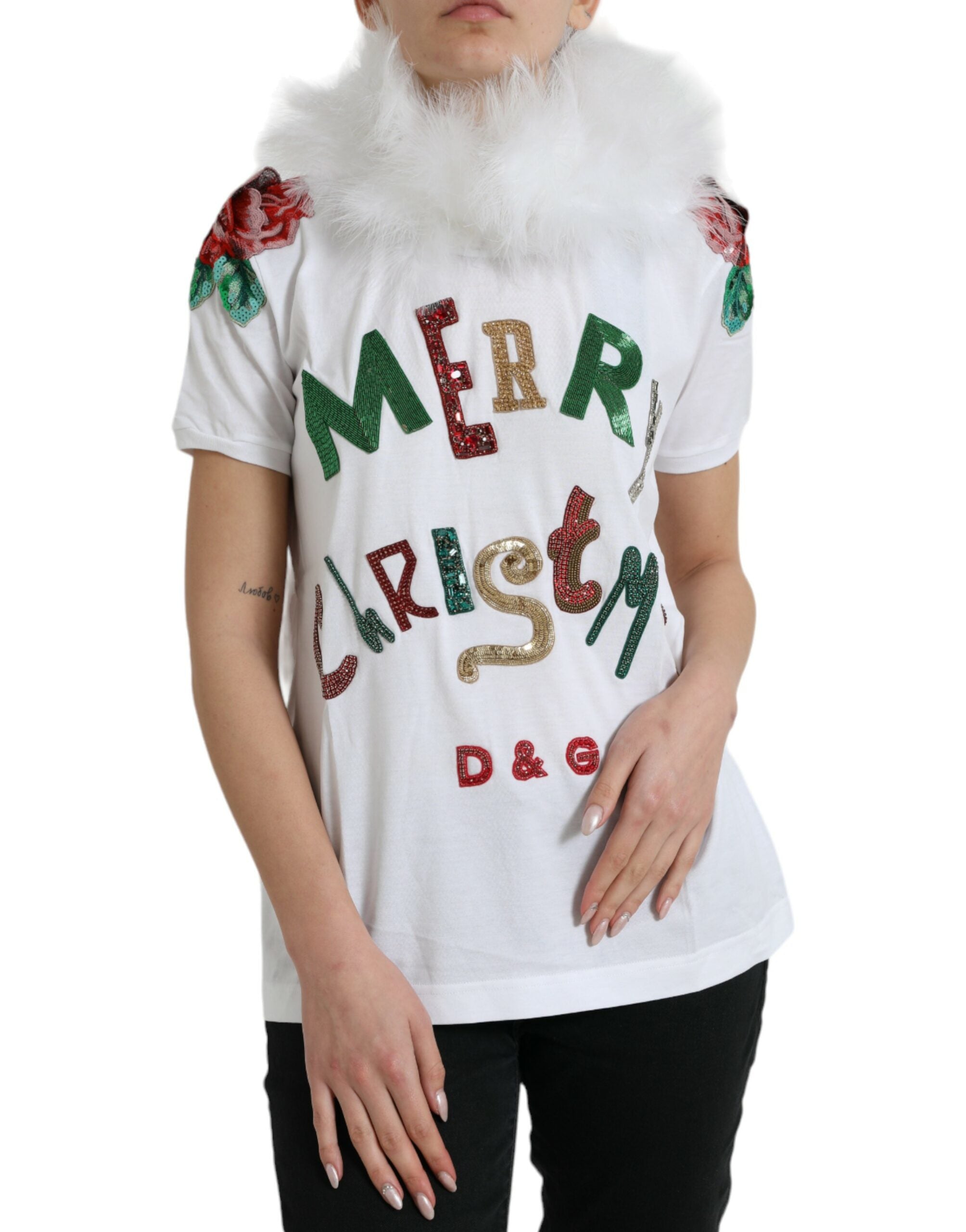 Wit katoenen kerst T-shirt met pailletten en bont