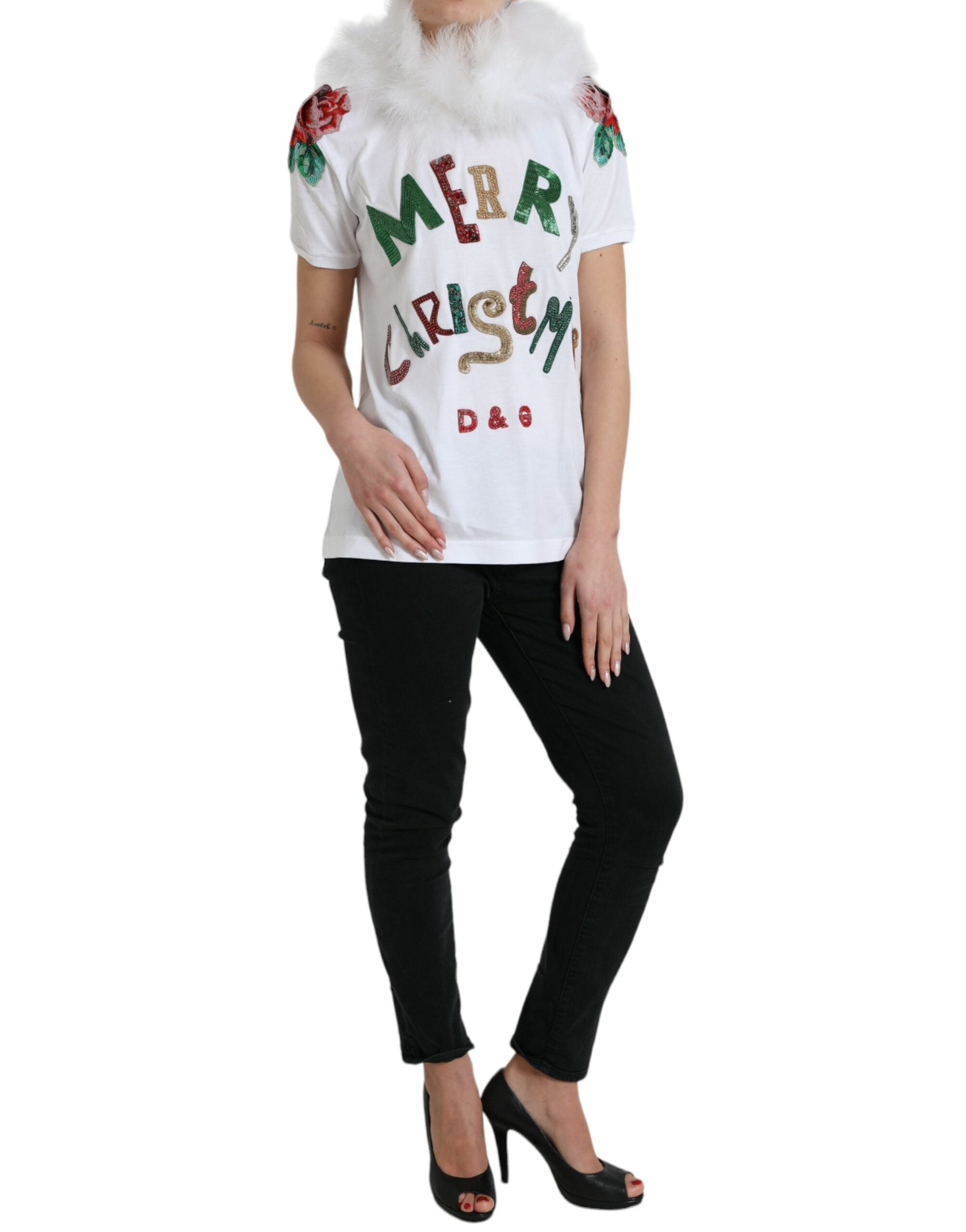 Wit katoenen kerst T-shirt met pailletten en bont