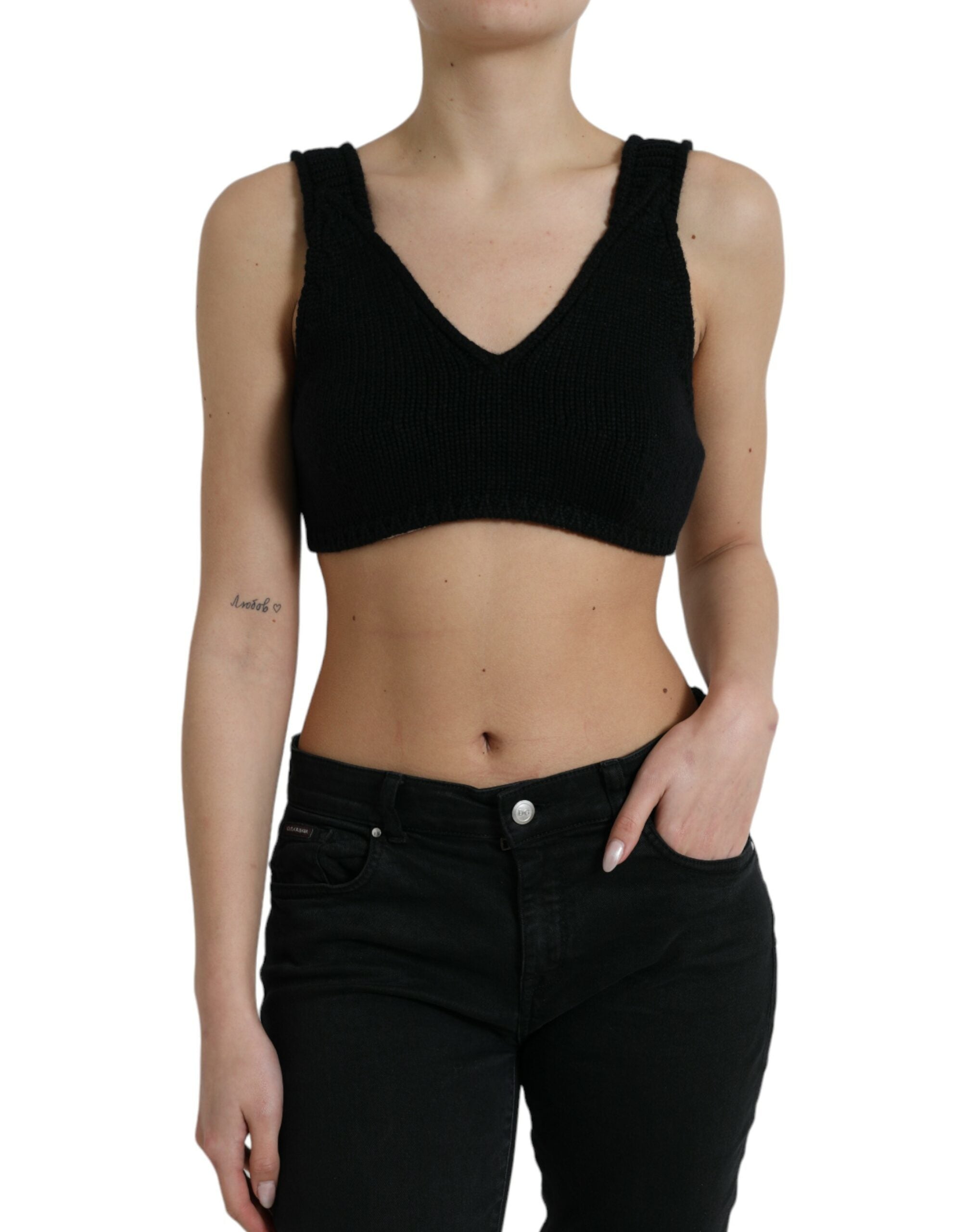 Zwarte cropped kasjmier V-hals bustiertop