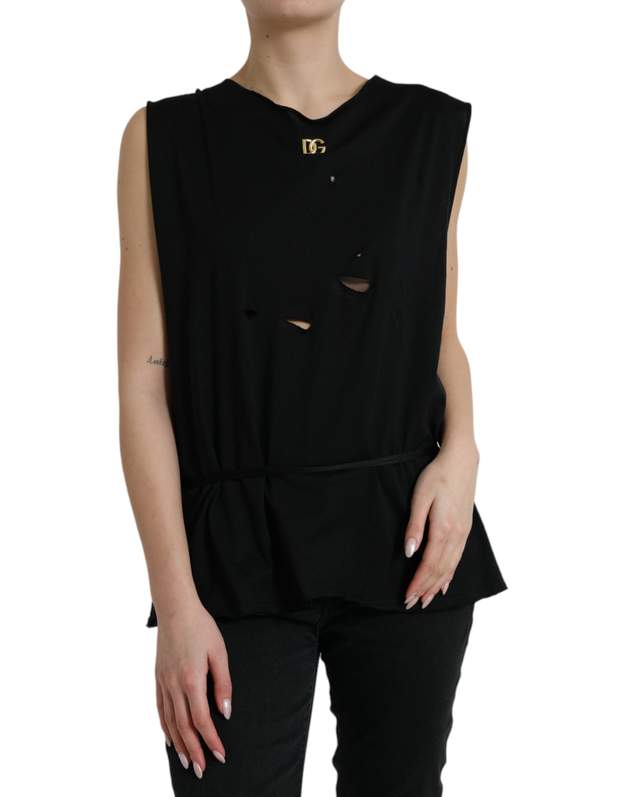 Zwarte katoenen tanktop met vetersluiting en ronde hals