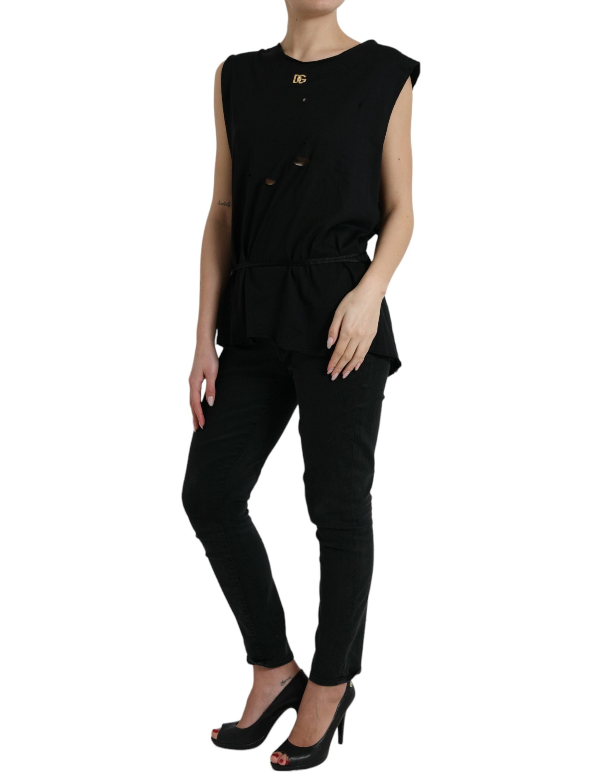Zwarte katoenen tanktop met vetersluiting en ronde hals