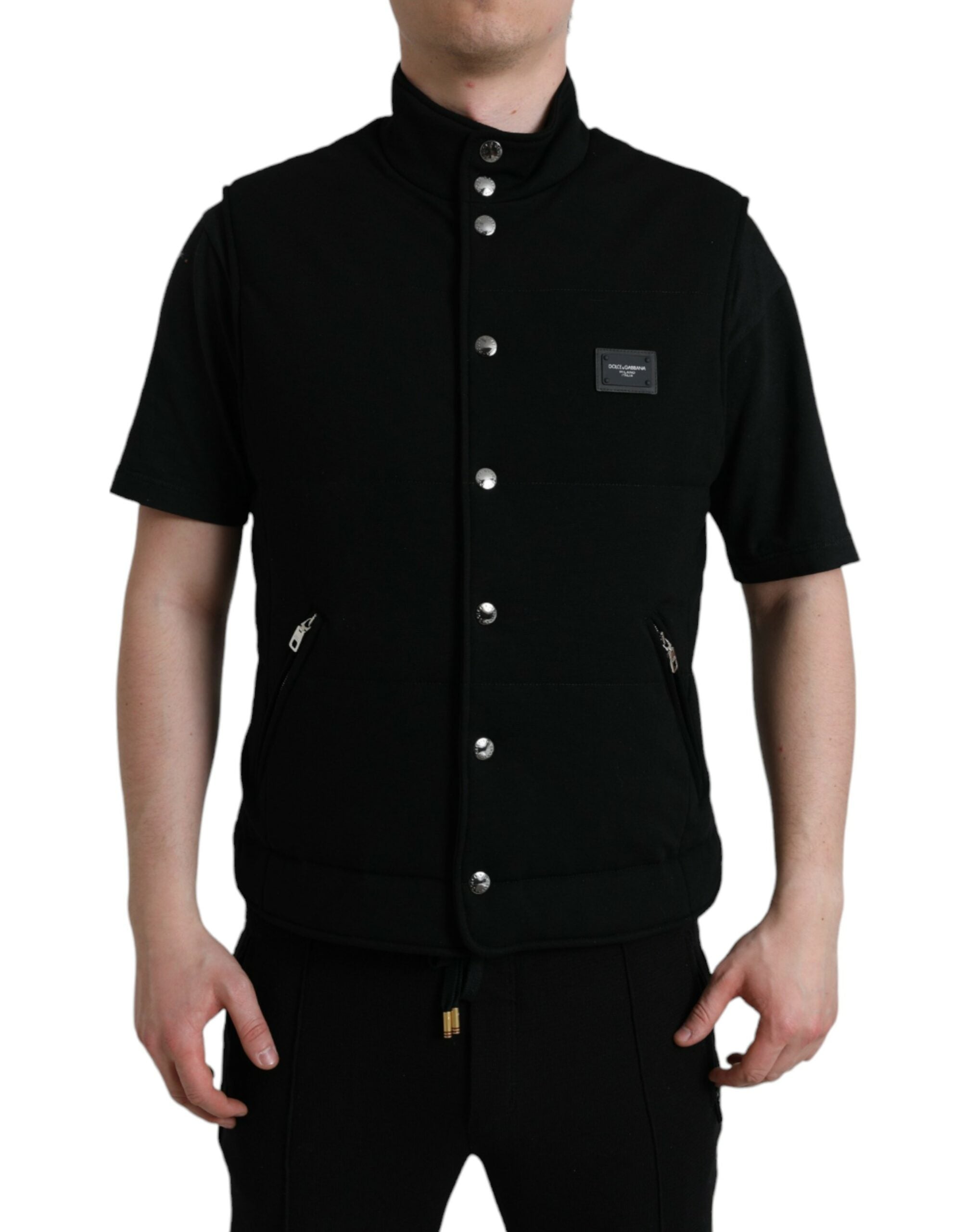 Zwarte Rayon Vest met Logo en Knoopjes