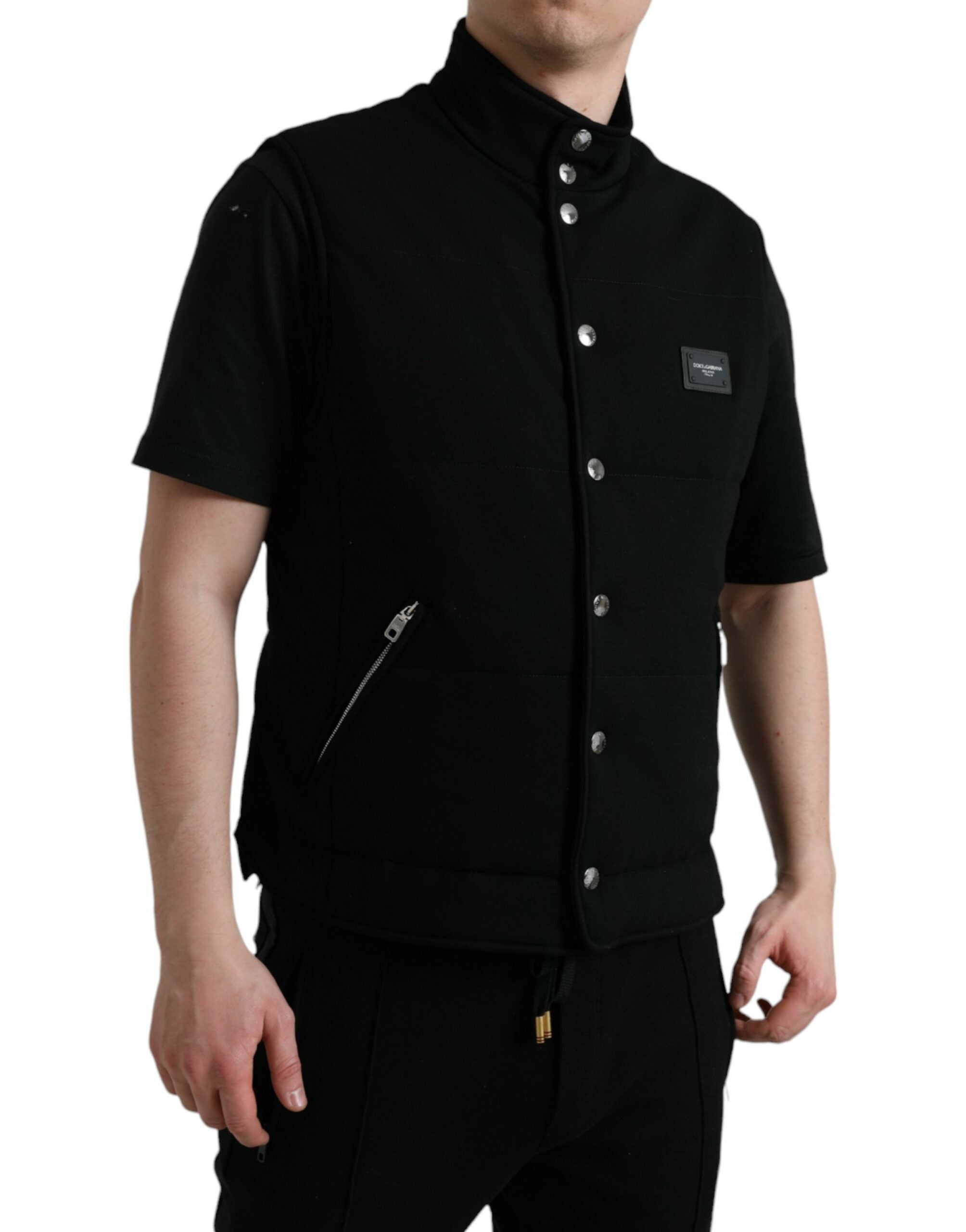 Zwarte Rayon Vest met Logo en Knoopjes