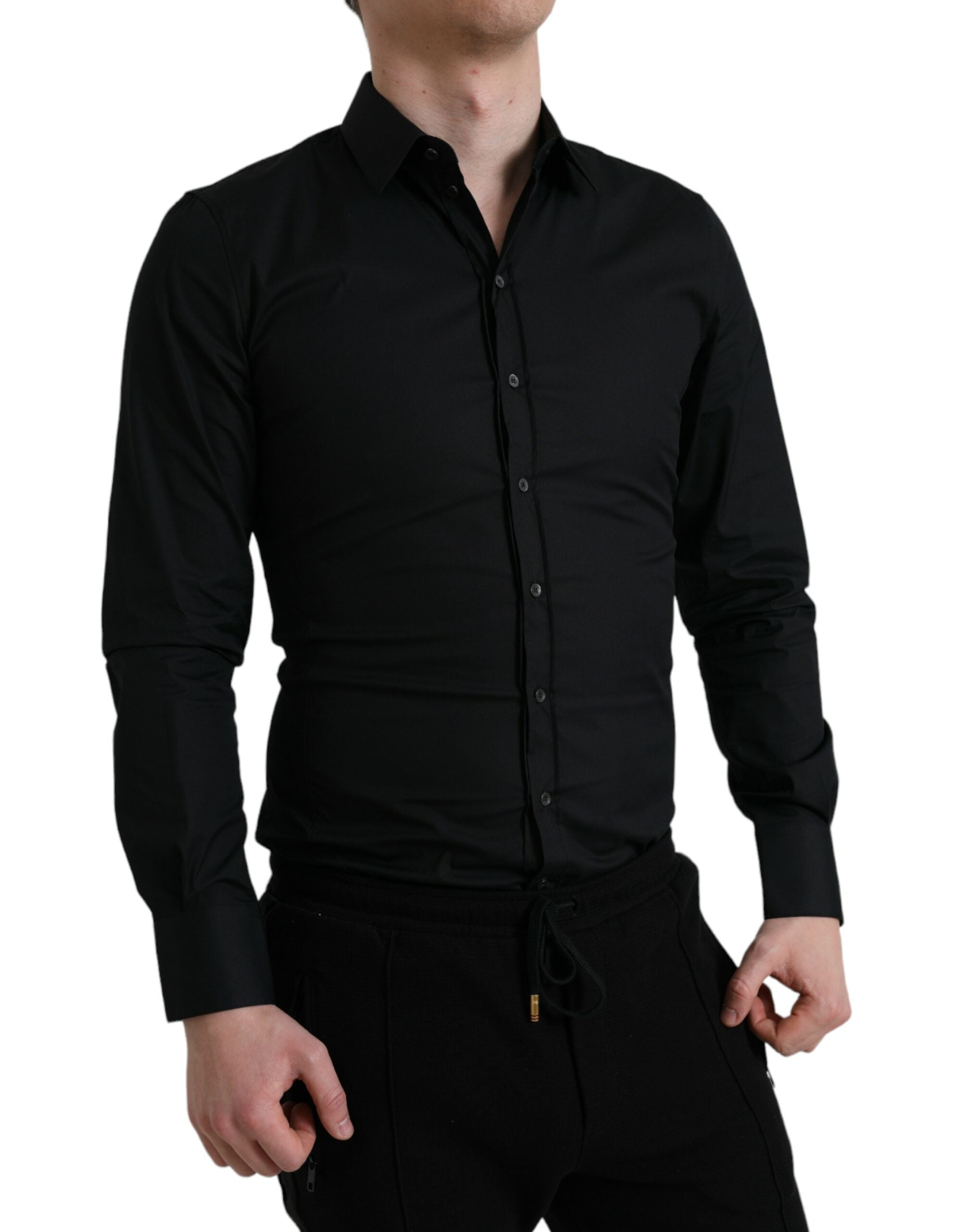 Zwart katoenen stretch slim formeel overhemd