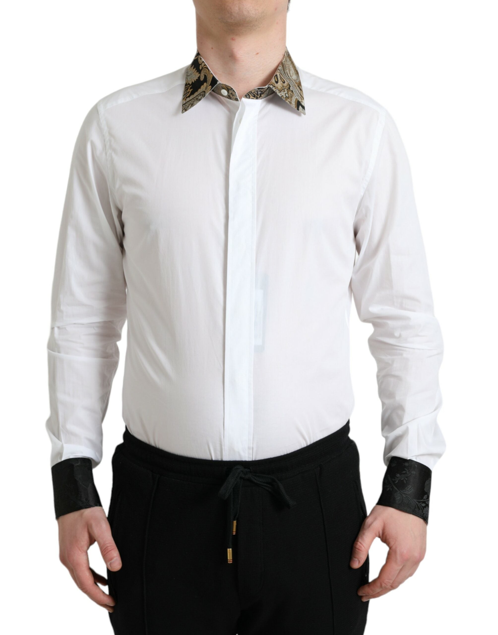 Wit katoenen jacquard formeel goudkleurig overhemd