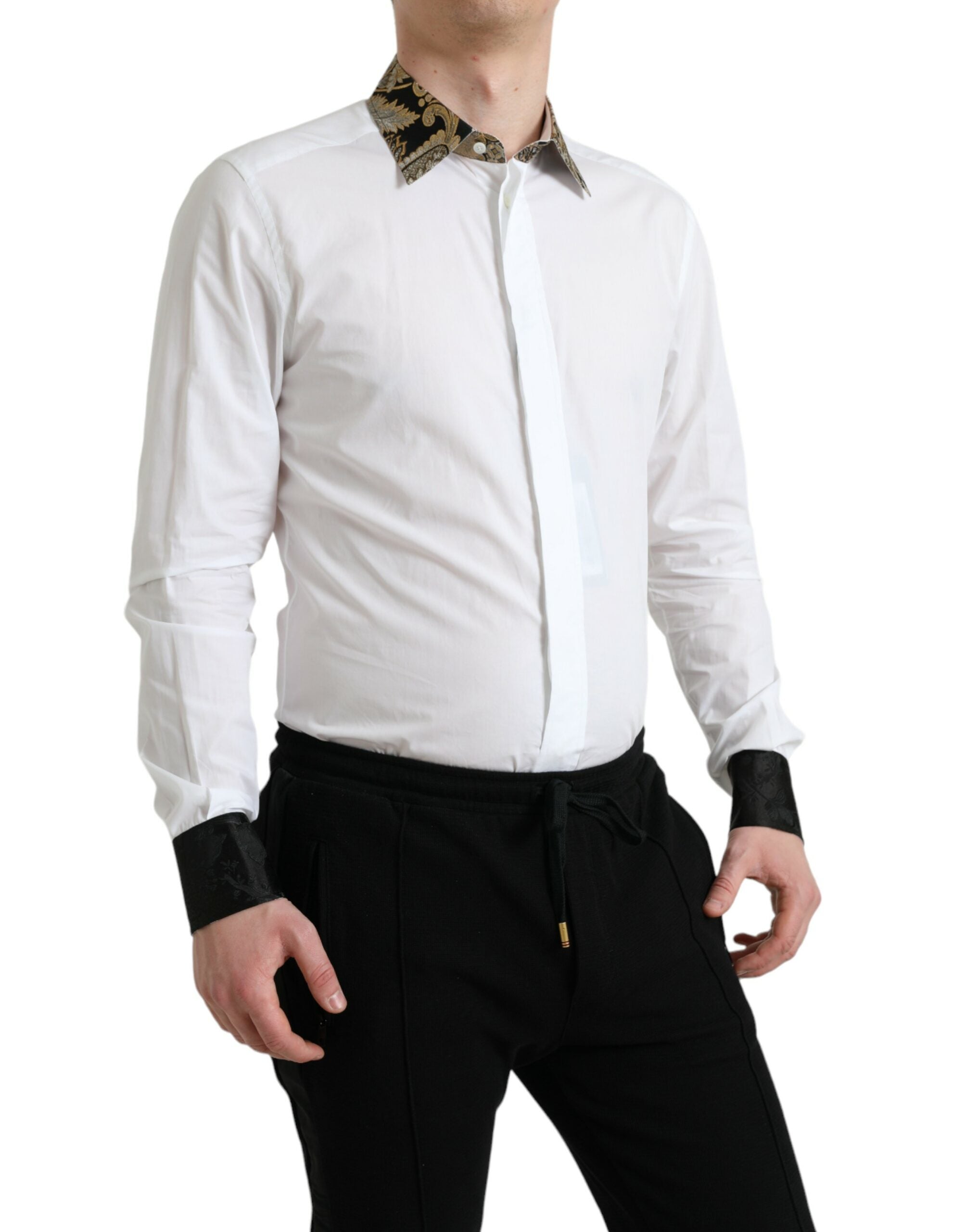 Wit katoenen jacquard formeel goudkleurig overhemd