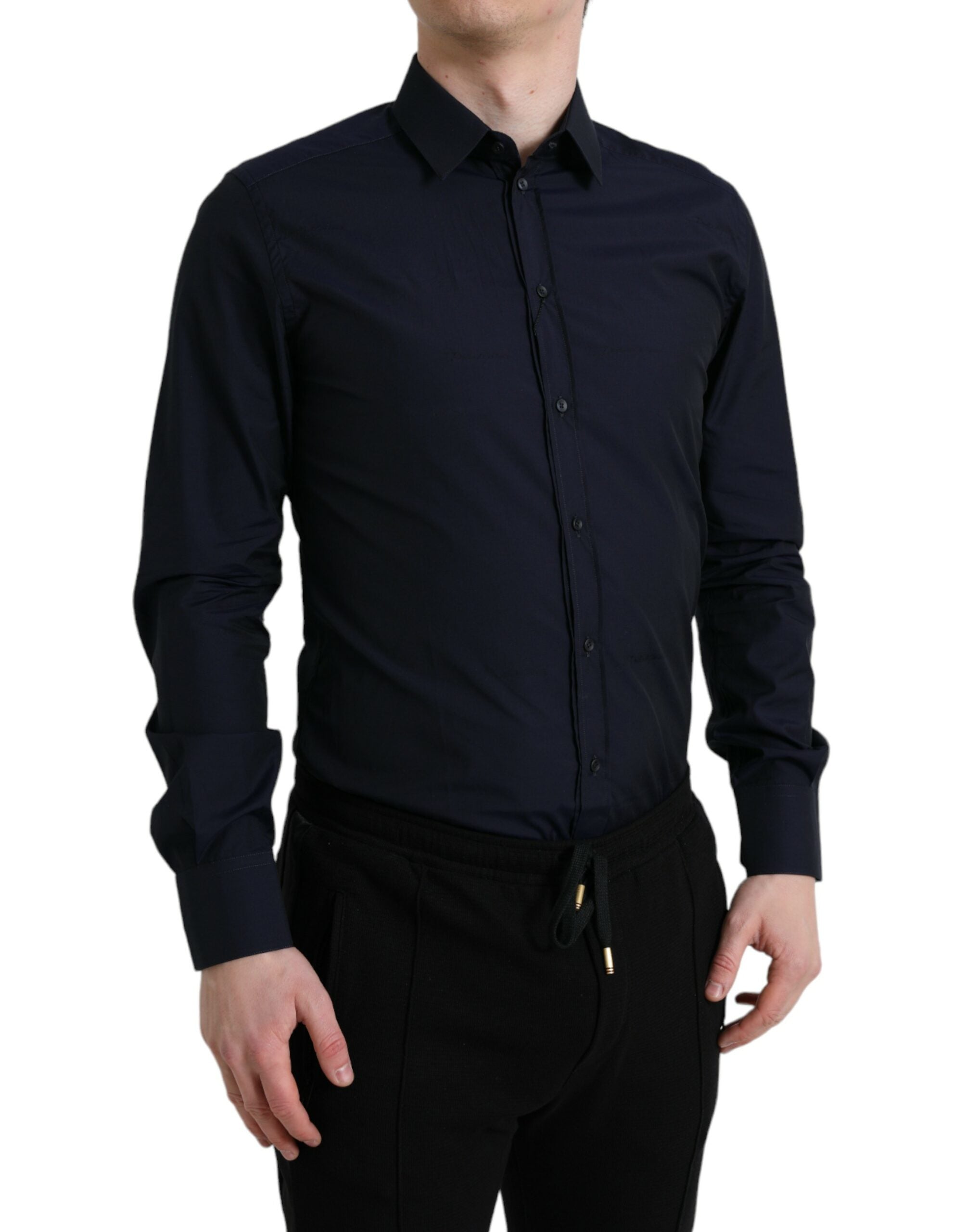 Marineblauw slim fit formeel goudkleurig overhemd