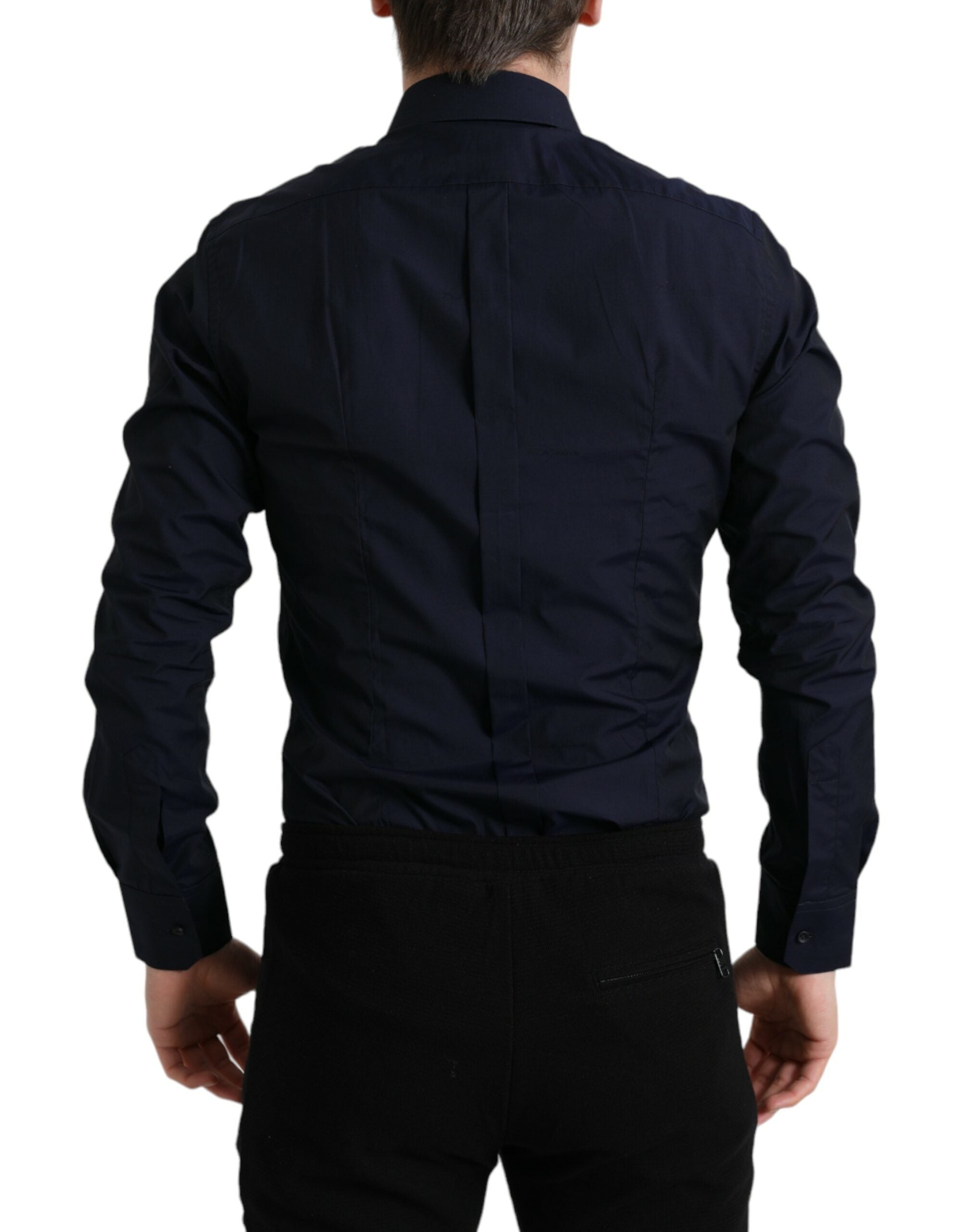 Marineblauw slim fit formeel goudkleurig overhemd