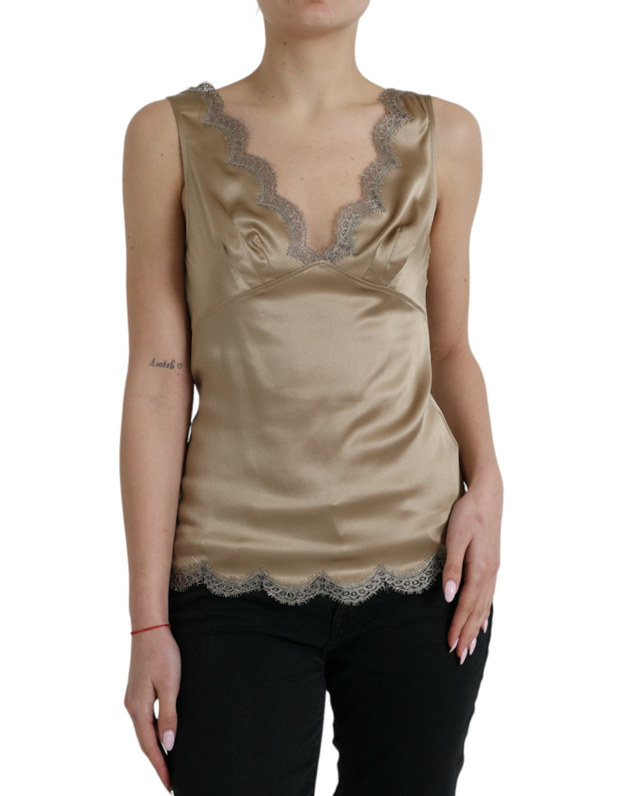 Bruine tanktop met V-hals en kantversiering